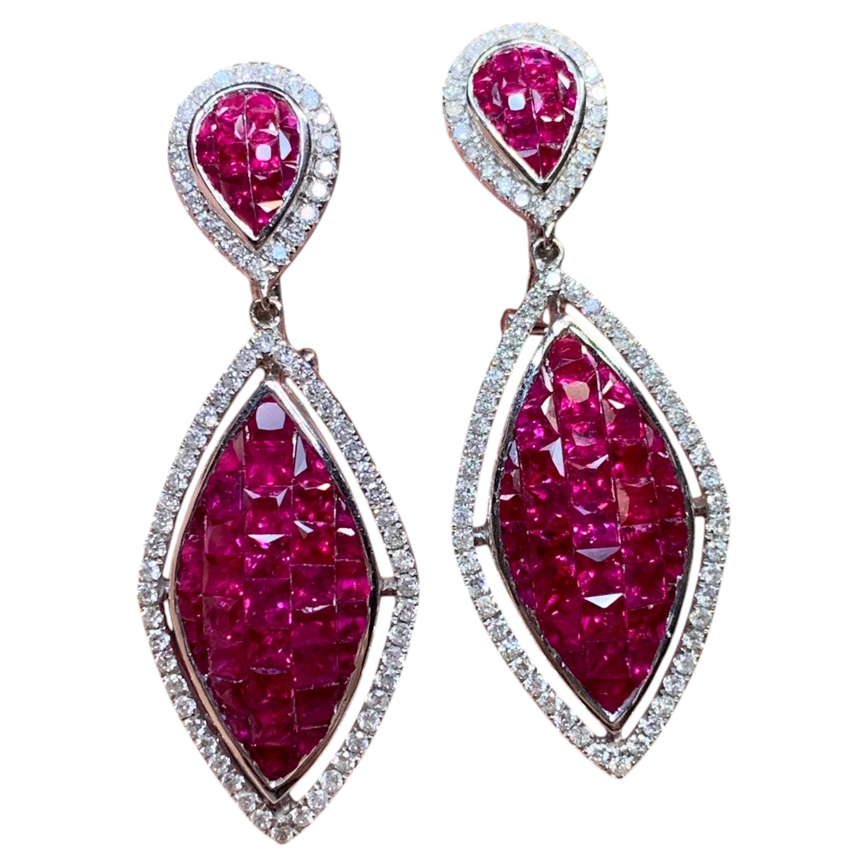 Estate 18K Invisible Set Vivid Ruby Marquise Shaped Drop Dangle Earrings 9.42ctw For Sale