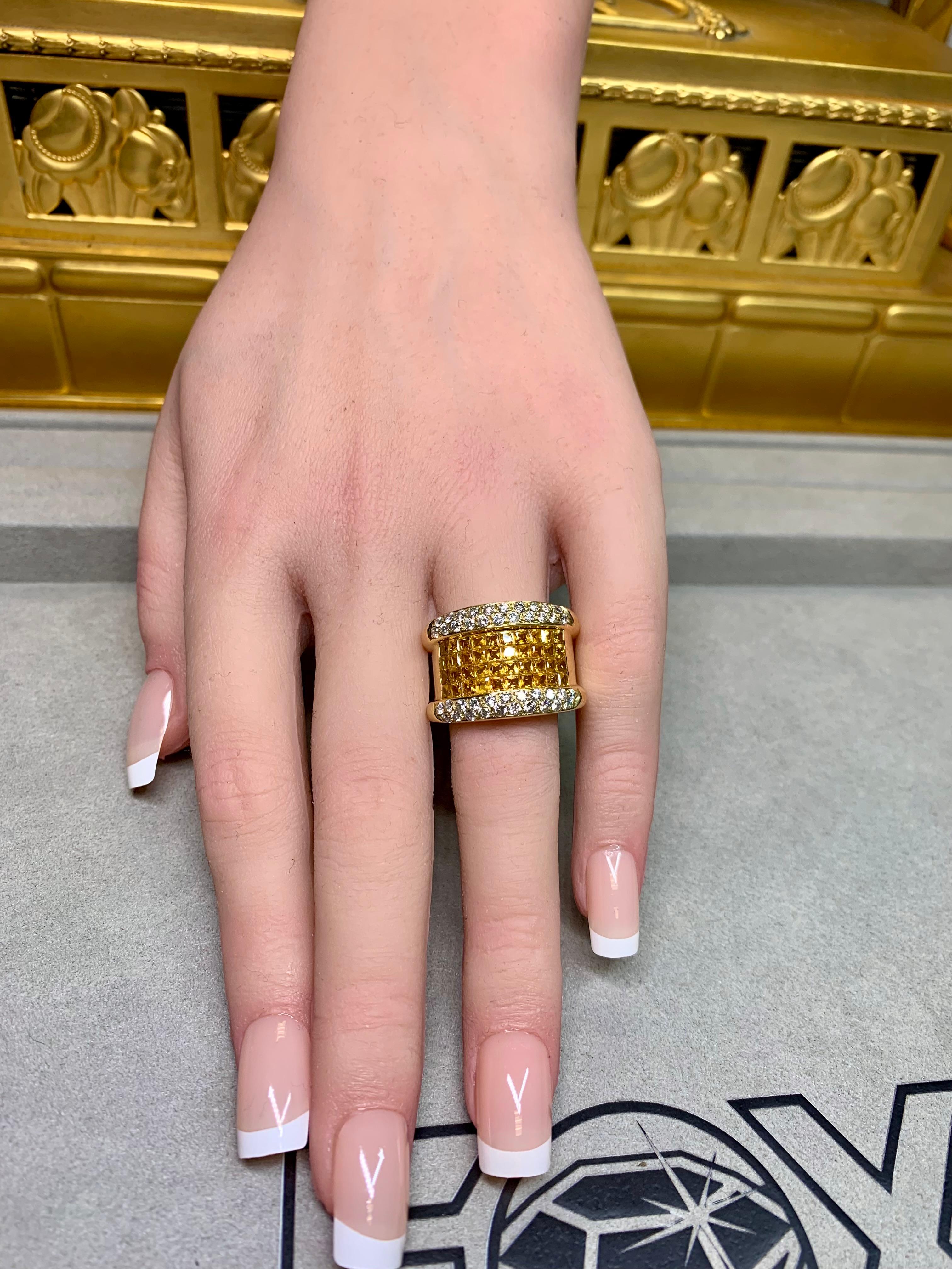 Estate 18K Invisible Set Gelb Saphir Diamant Wide Band Cocktail Ring 7ctw im Angebot 5