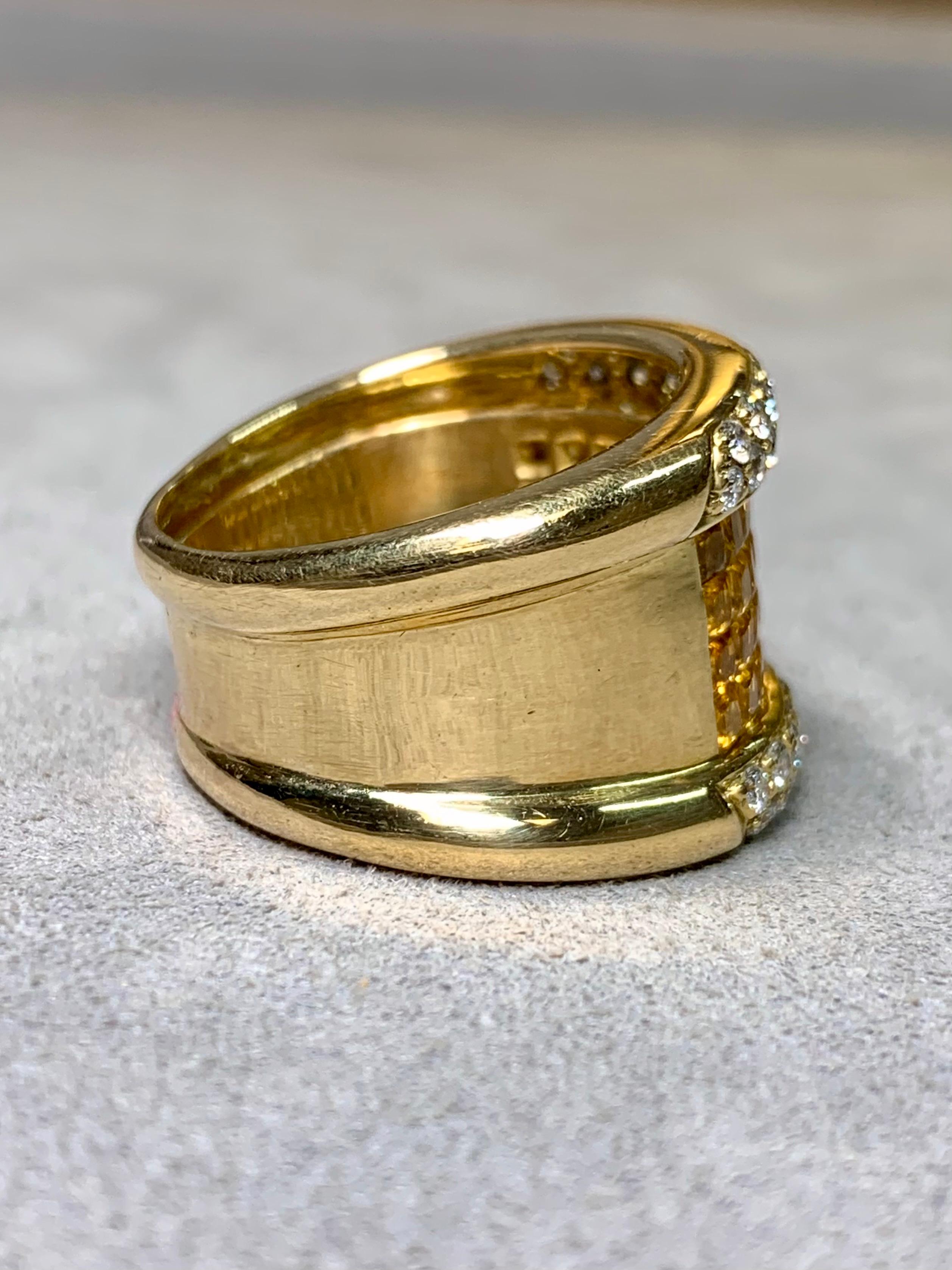 Estate 18K Invisible Set Gelb Saphir Diamant Wide Band Cocktail Ring 7ctw (Zeitgenössisch) im Angebot