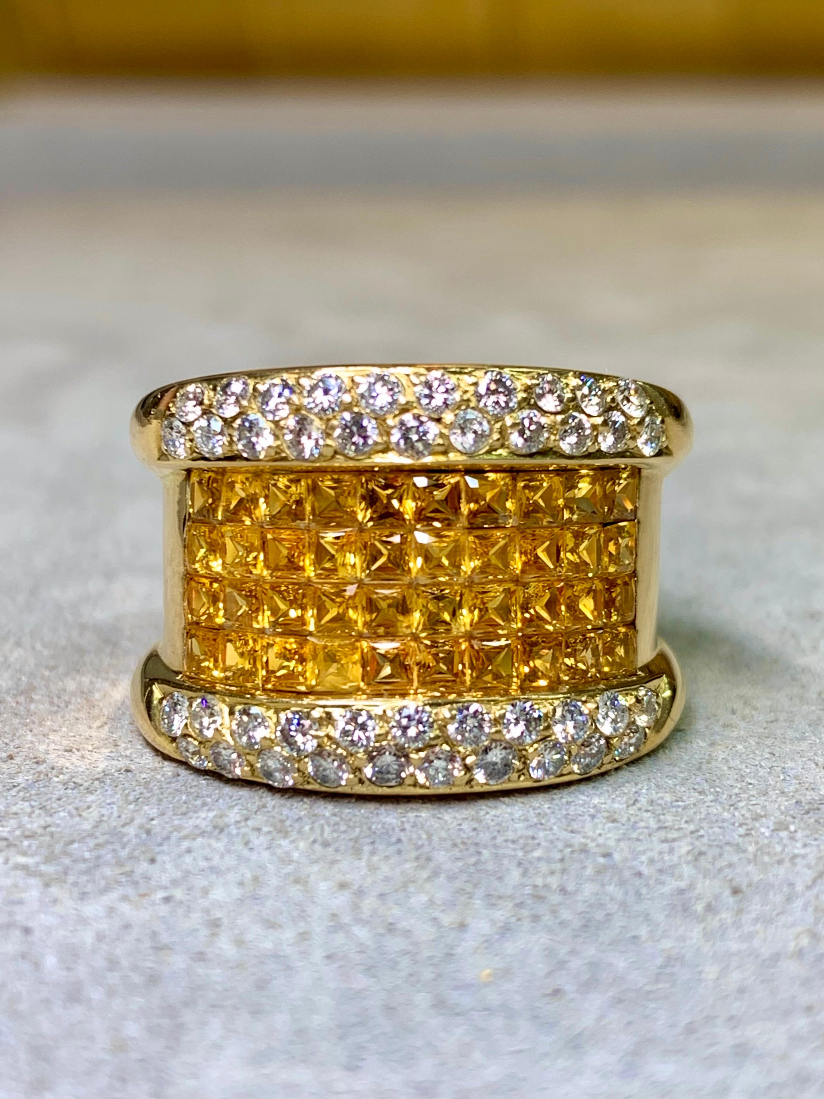 Estate 18K Invisible Set Gelb Saphir Diamant Wide Band Cocktail Ring 7ctw im Zustand „Gut“ im Angebot in Winter Springs, FL