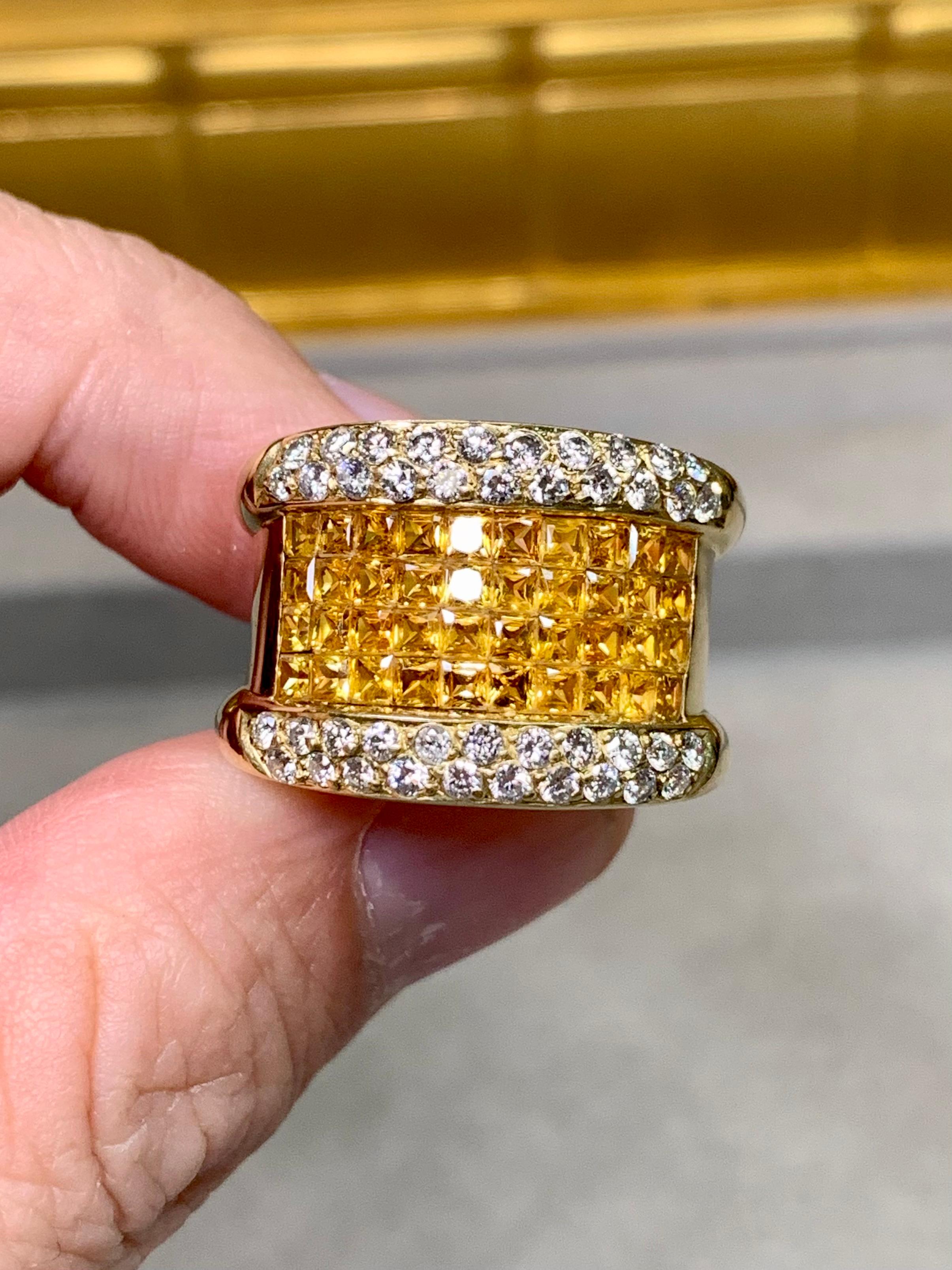 Estate 18K Invisible Set Gelb Saphir Diamant Wide Band Cocktail Ring 7ctw für Damen oder Herren im Angebot