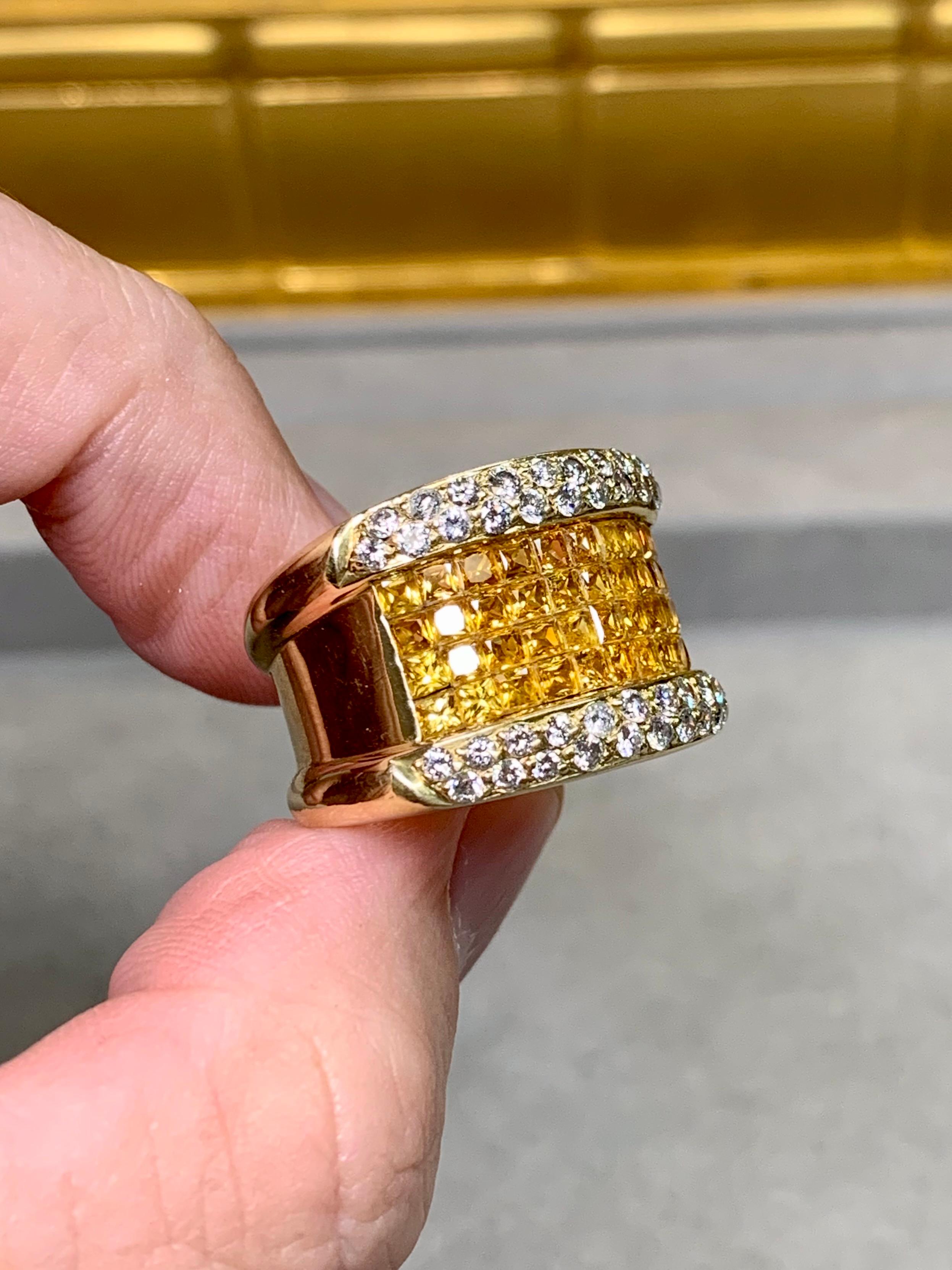 Estate 18K Invisible Set Gelb Saphir Diamant Wide Band Cocktail Ring 7ctw im Angebot 1