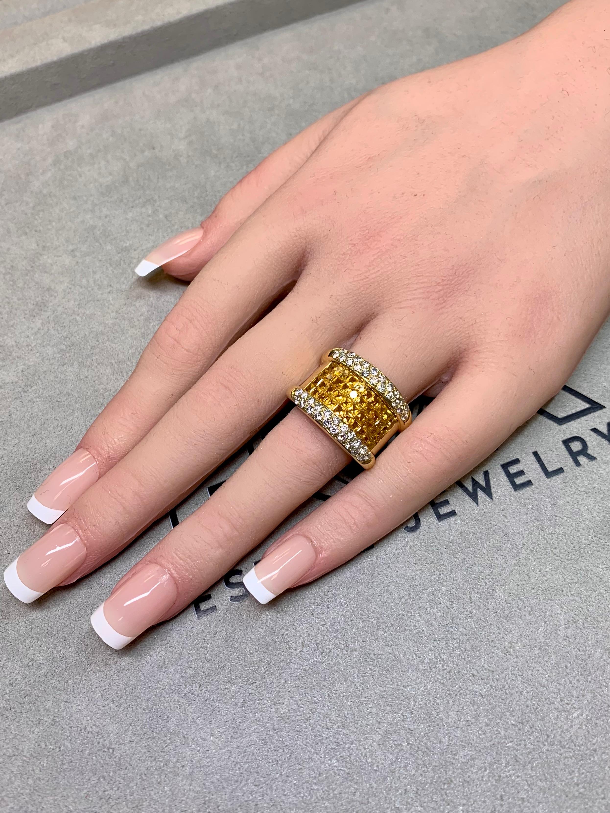 Estate 18K Invisible Set Gelb Saphir Diamant Wide Band Cocktail Ring 7ctw im Angebot 3