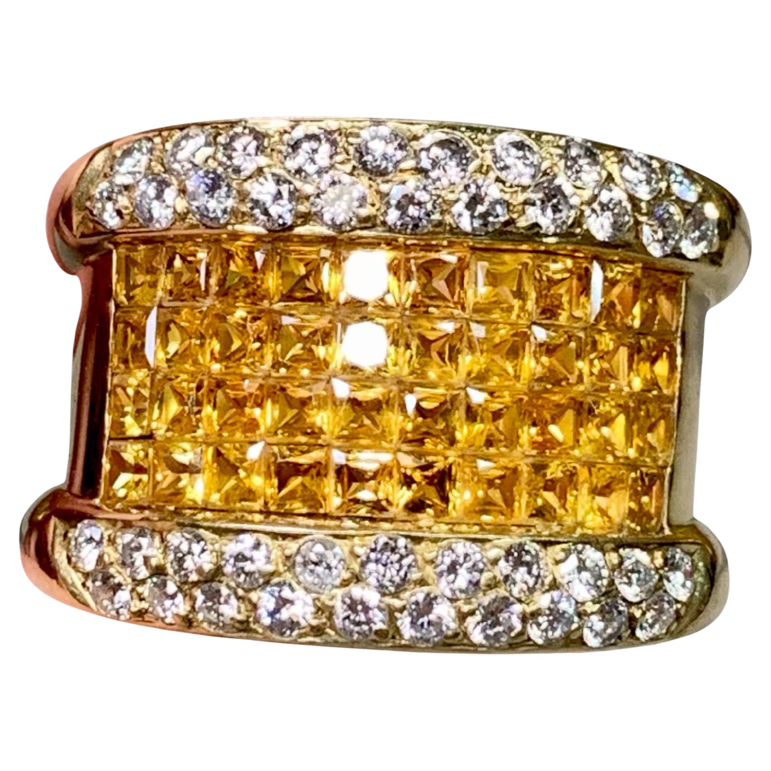 Estate 18K Invisible Set Gelb Saphir Diamant Wide Band Cocktail Ring 7ctw im Angebot