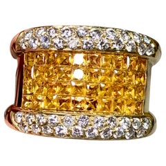 Estate 18K Invisible Set Zafiro Amarillo Diamante Banda Ancha Anillo de Cóctel 7ctw