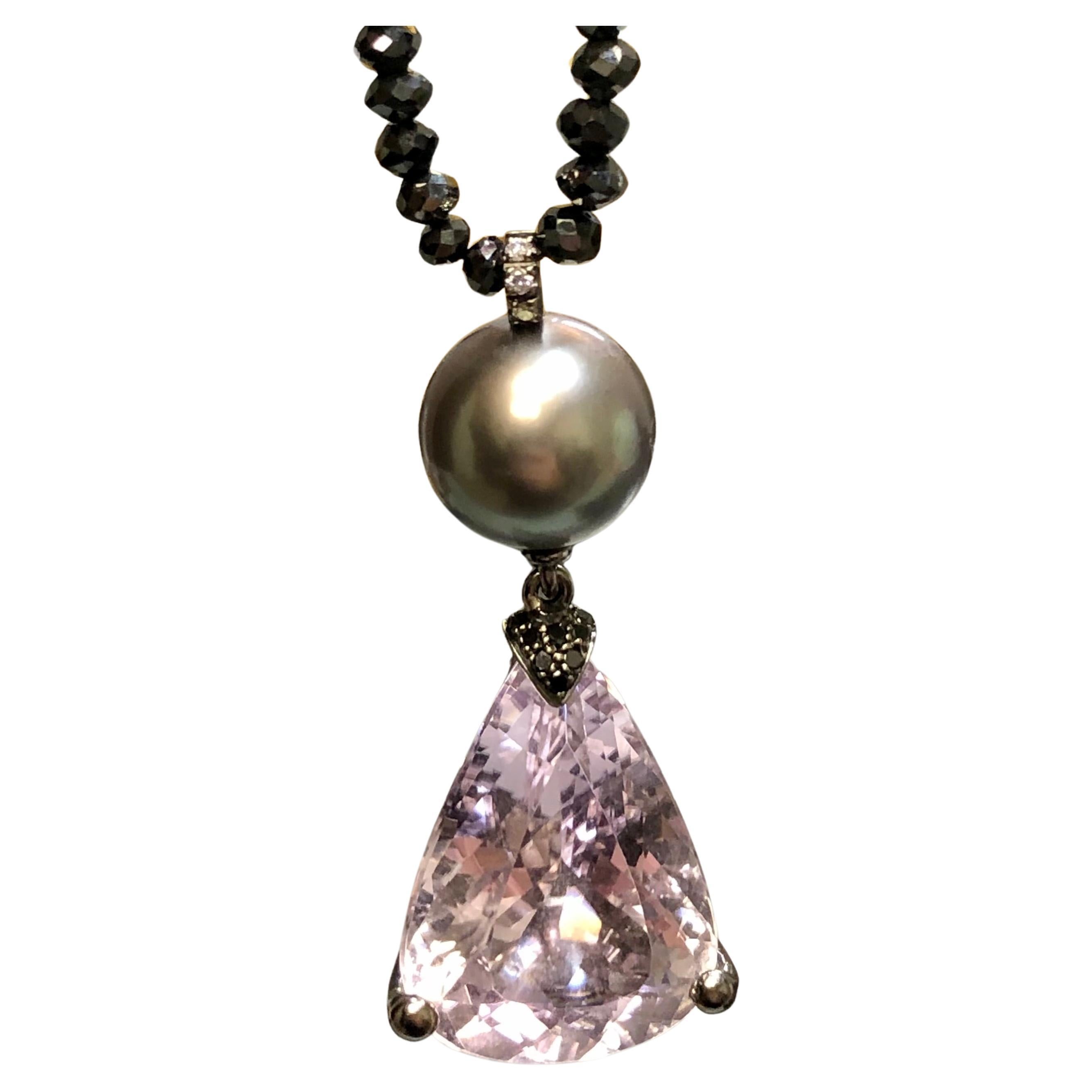 Estate 18K Kunzite Black Diamond Tahitian Pearl Necklace Pendant 