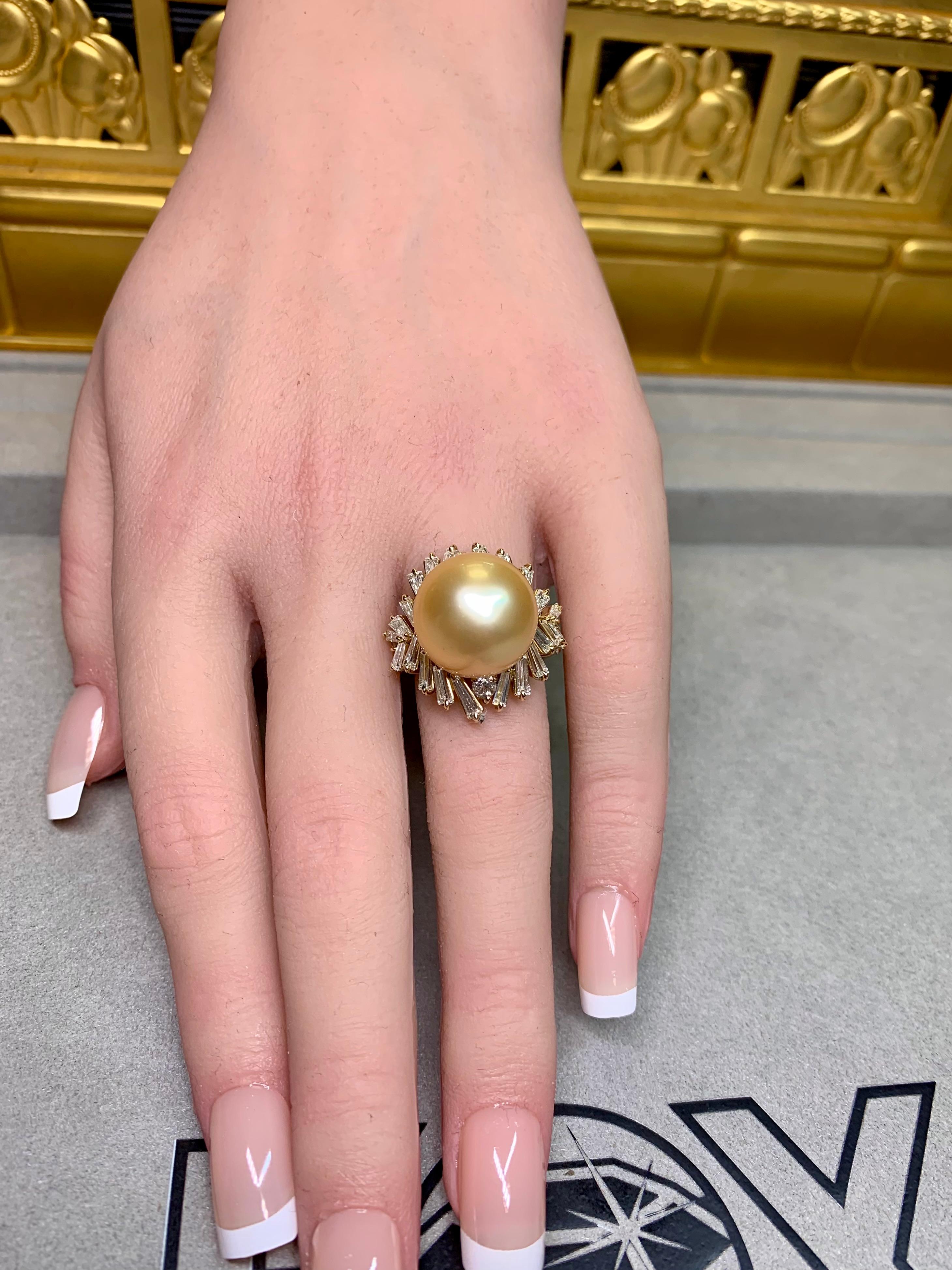 Estate 18K Large Baguette Diamond Gold South Sea Pearl Cocktail Ring 15mm 3.30ct en vente 5