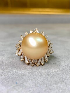Estate 18K Large Baguette Diamond Gold South Sea Pearl Cocktail Ring 15mm 3.30ct