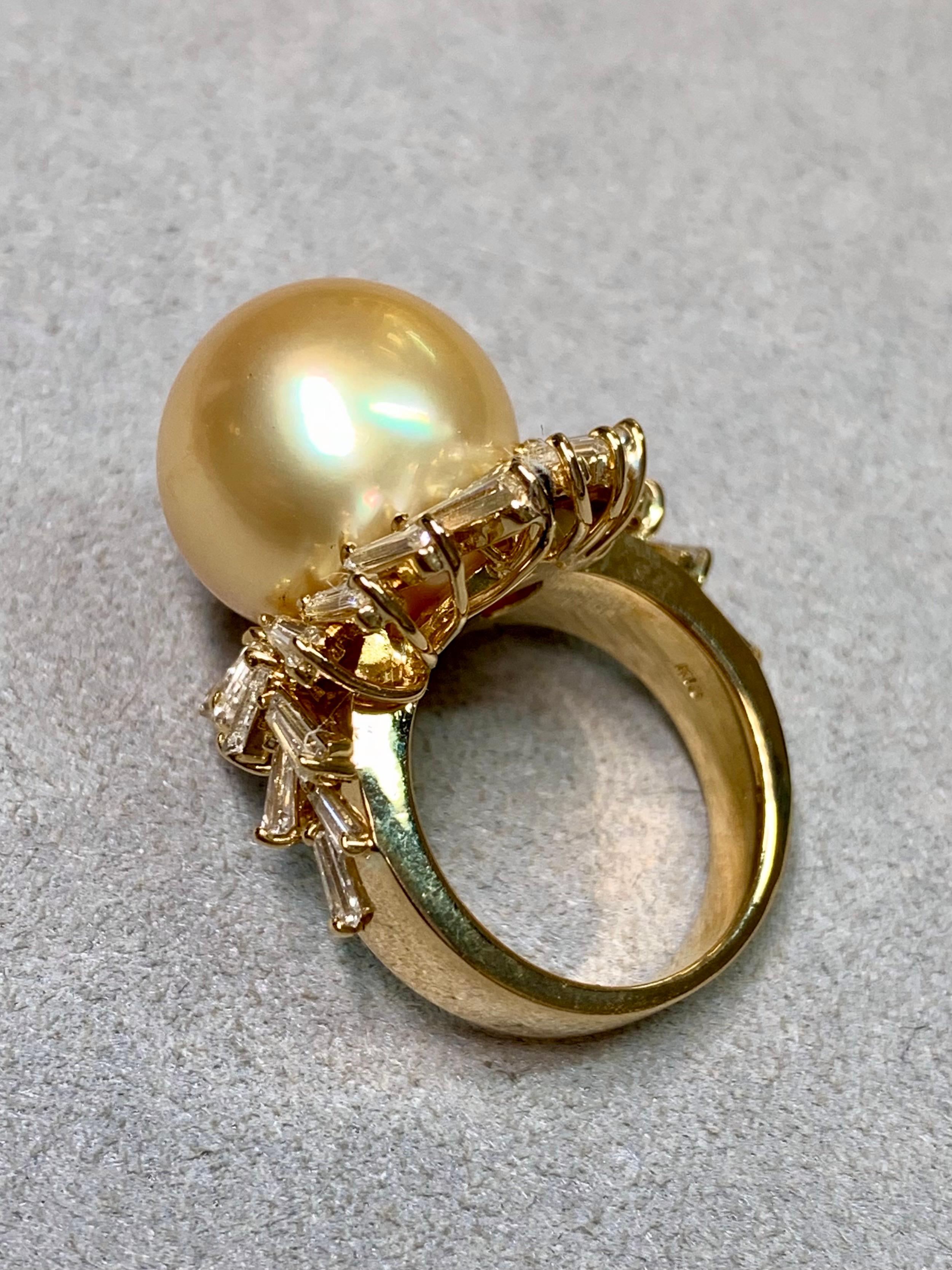 Taille baguette Estate 18K Large Baguette Diamond Gold South Sea Pearl Cocktail Ring 15mm 3.30ct en vente