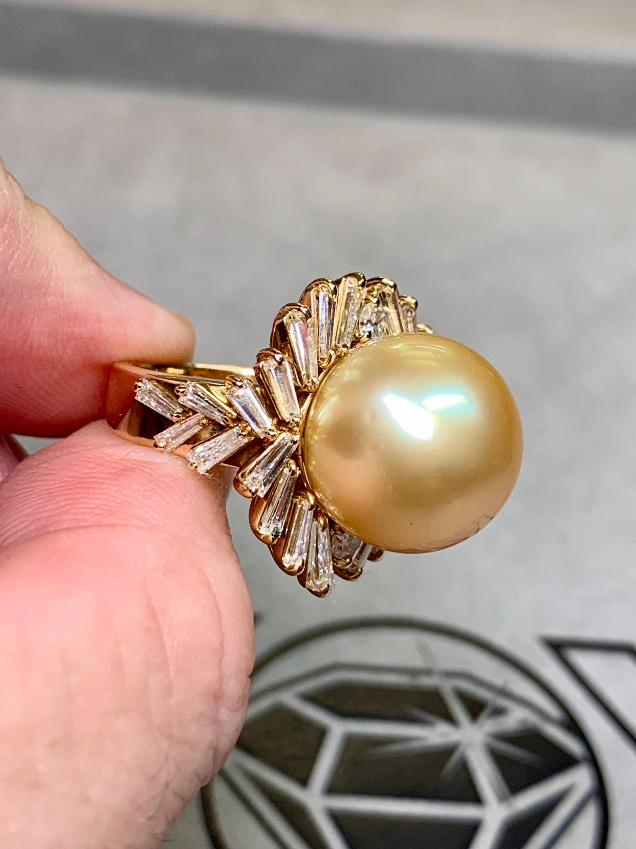 Estate 18K Large Baguette Diamond Gold South Sea Pearl Cocktail Ring 15mm 3.30ct en vente 1