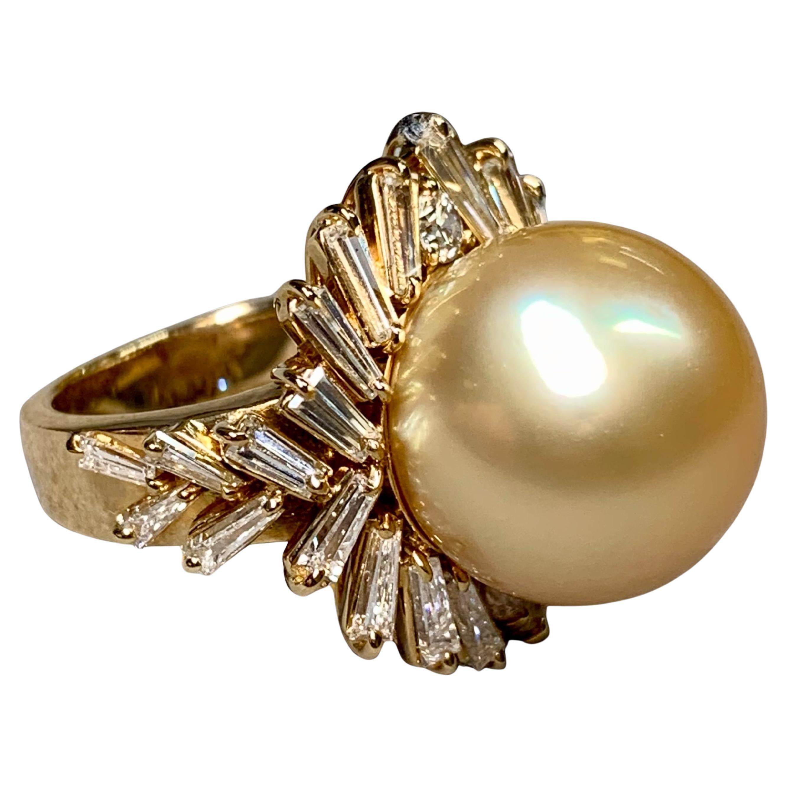 Estate 18K Large Baguette Diamond Gold South Sea Pearl Cocktail Ring 15mm 3.30ct