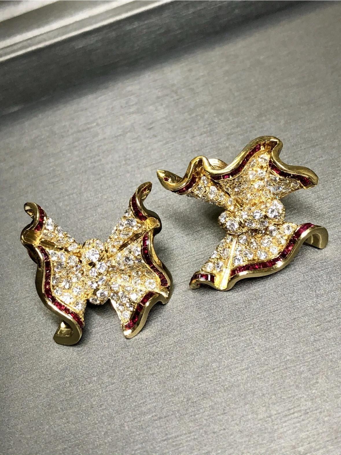 Women's or Men's Estate 18K Large Diamond Ruby Bow Omega Clip Earrings 9.40cttw G Vs For Sale