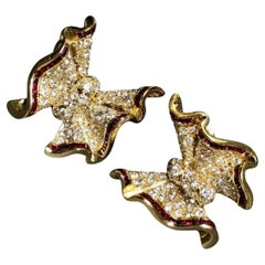 Estate 18K Large Diamond Ruby Bow Omega Clip Earrings 9.40cttw G Vs