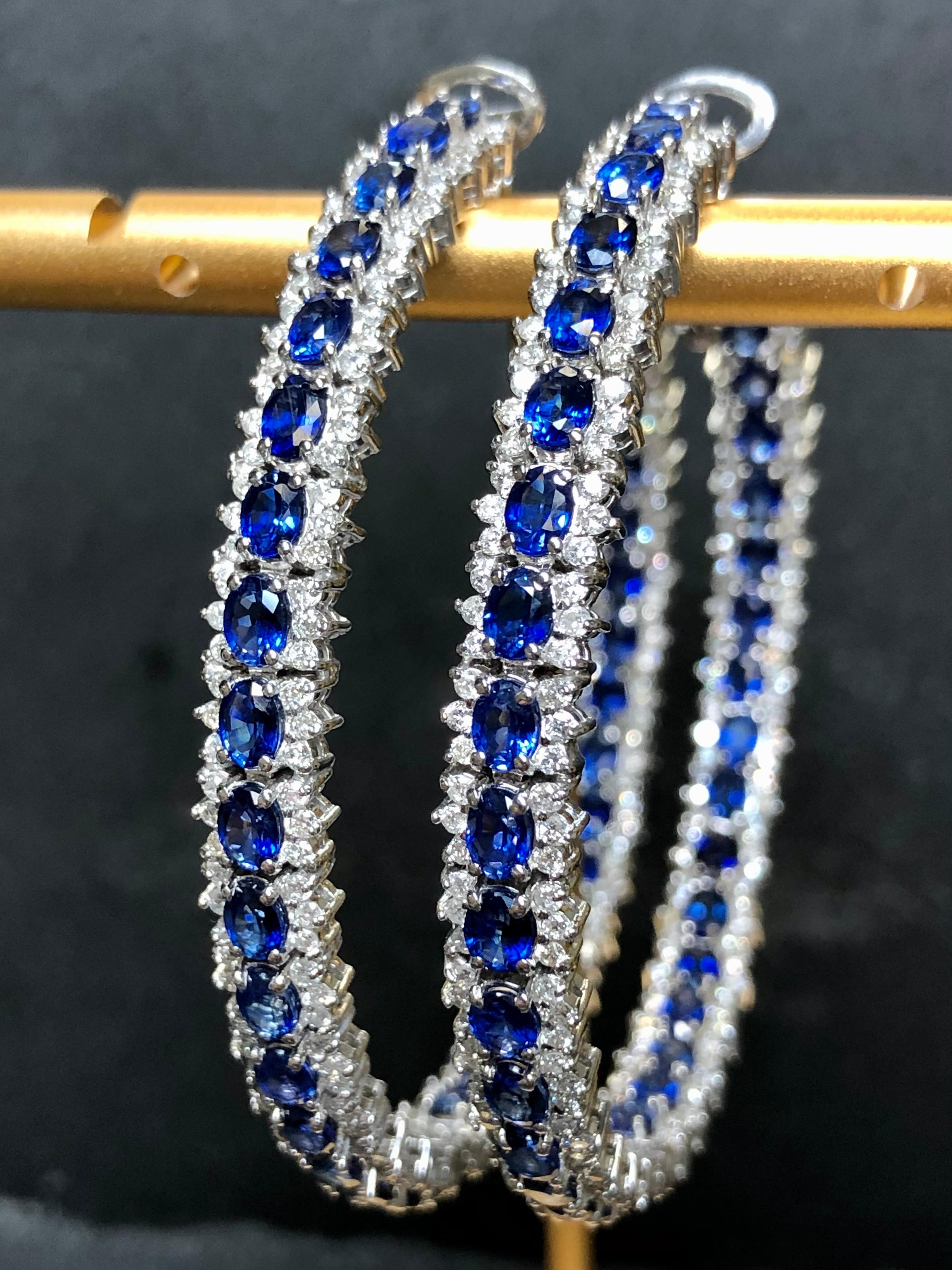 Estate 18K LARGE Diamond Sapphire Leverback Hoop Earrings 18cttw In Good Condition For Sale In Winter Springs, FL