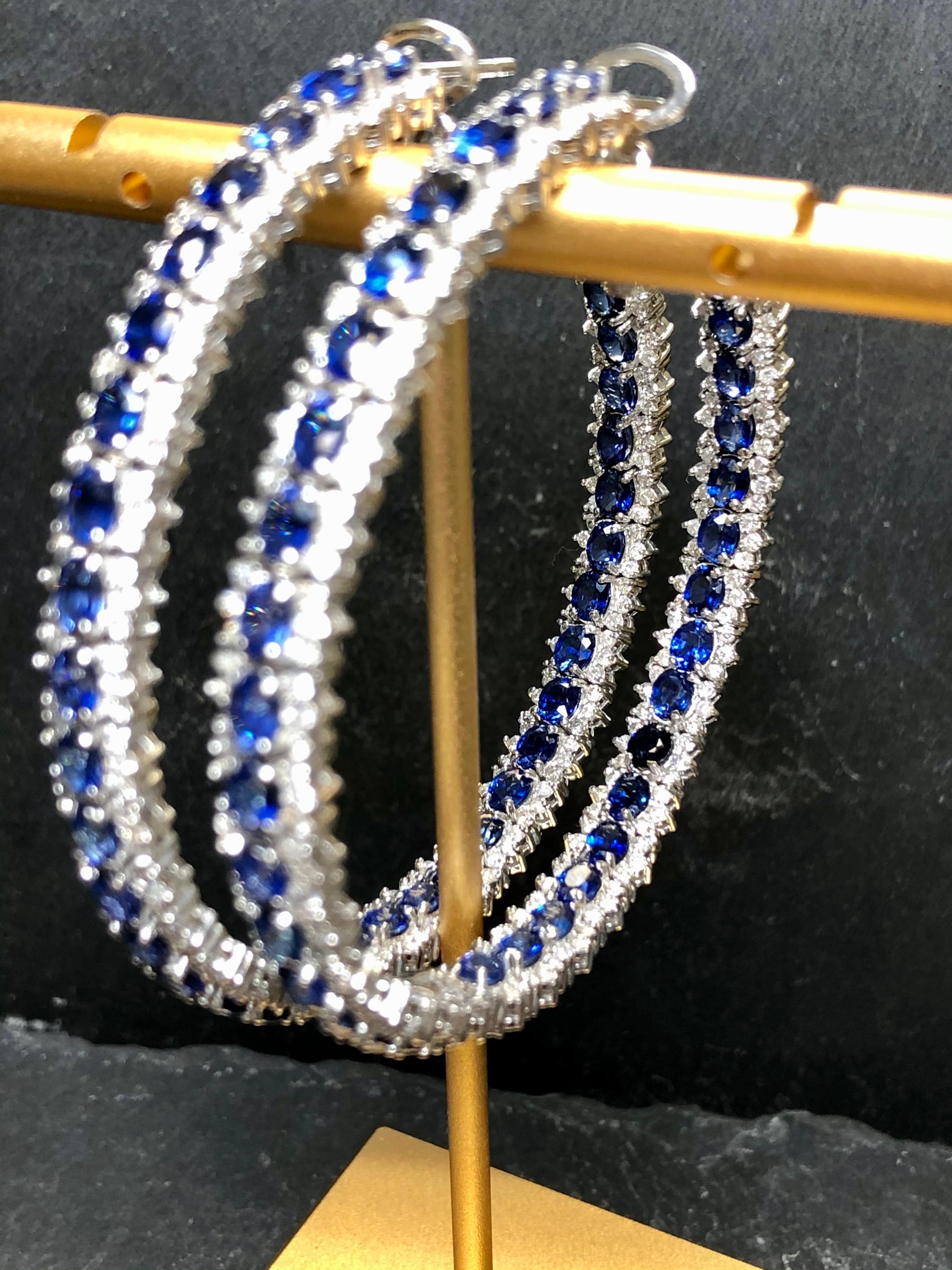 Women's or Men's Estate 18K LARGE Diamond Sapphire Leverback Hoop Earrings 18cttw For Sale