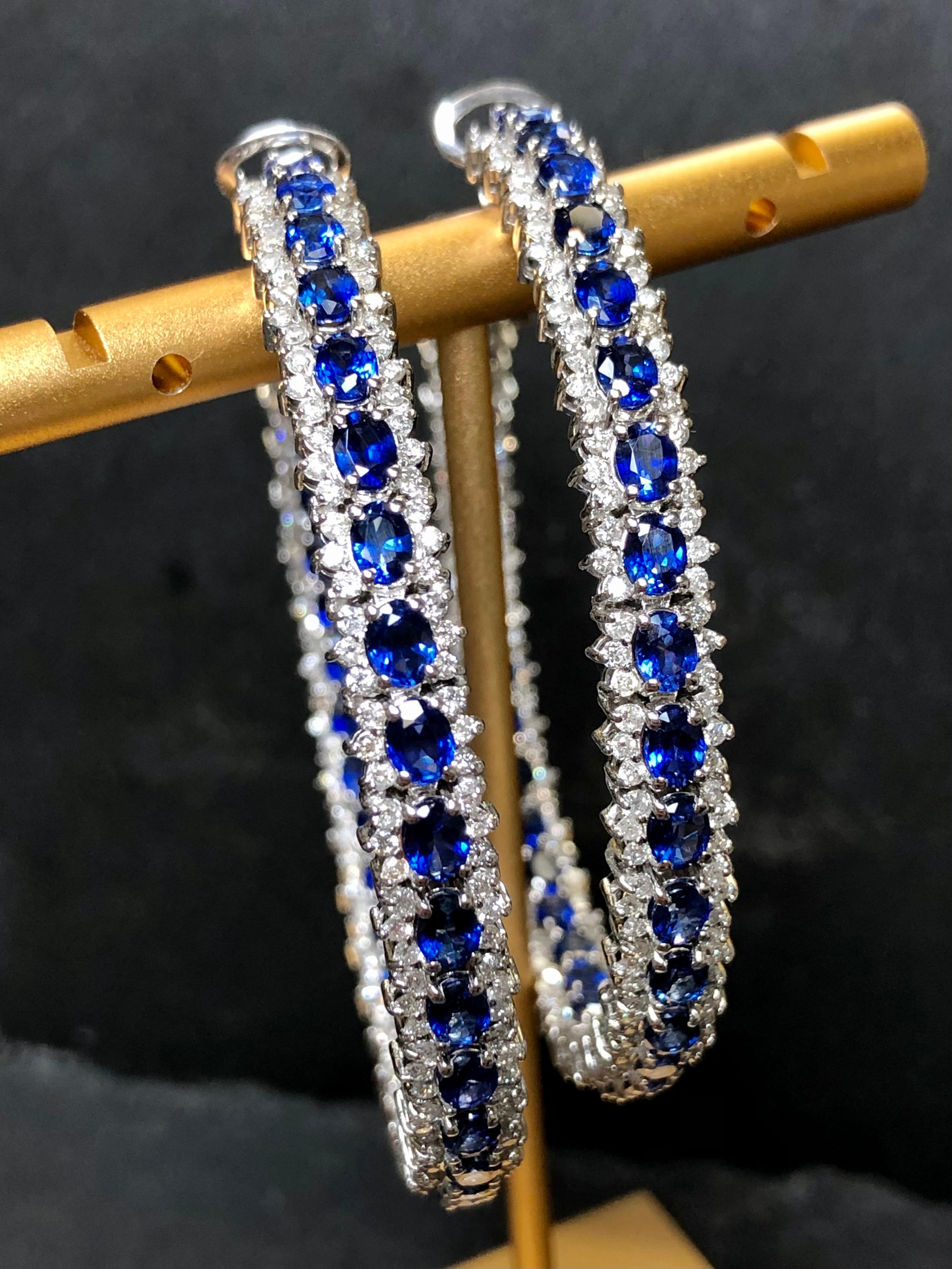 Estate 18K LARGE Diamond Sapphire Leverback Hoop Earrings 18cttw For Sale 1