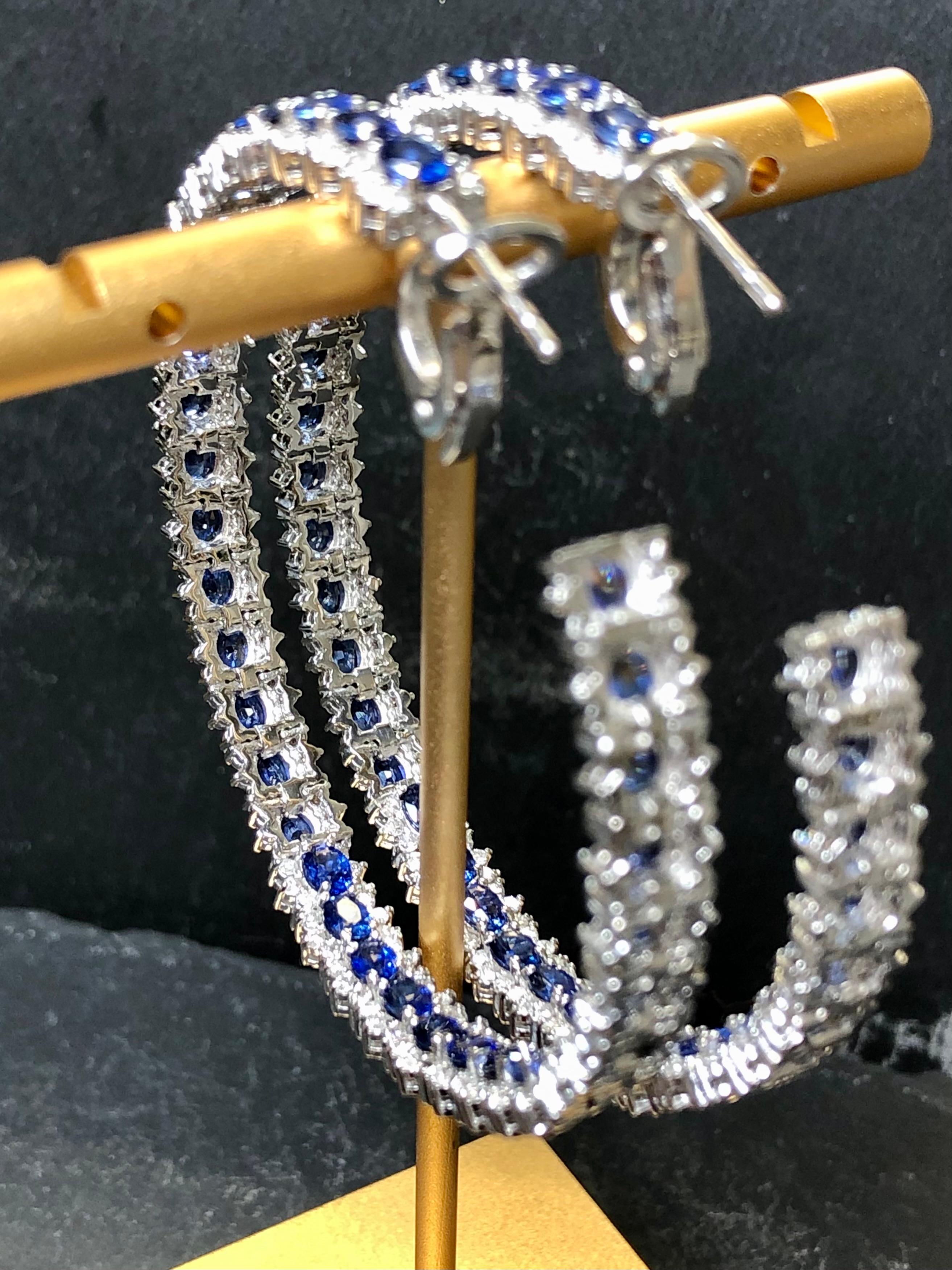 Estate 18K LARGE Diamond Sapphire Leverback Hoop Earrings 18cttw For Sale 3