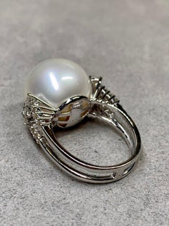 Estate 18K Large White South Sea Pearl Marquise Diamond Cocktail Ring 15.85mm