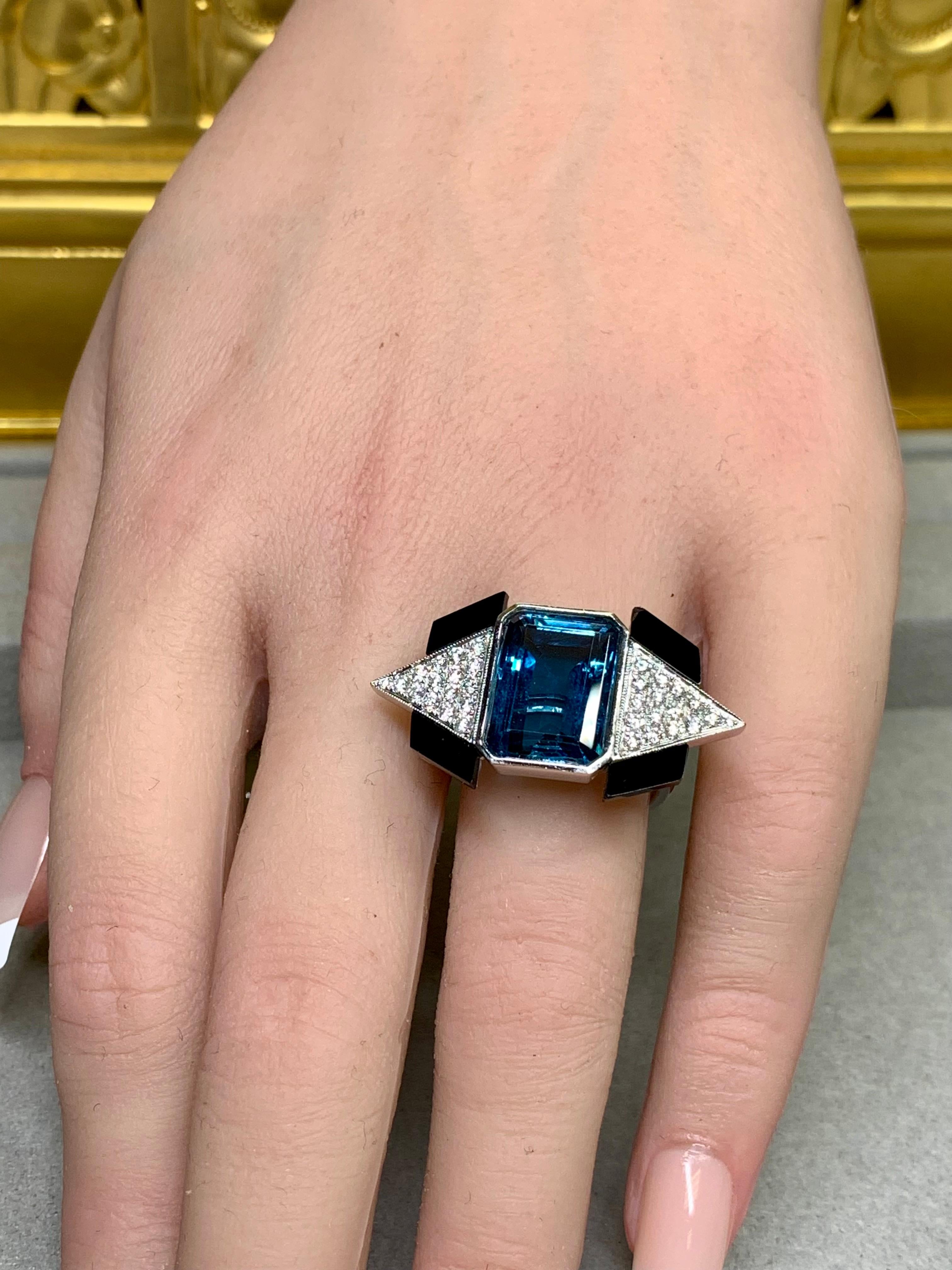 Estate 18K London Topaz Pave Diamond Carved Onyx Deco Cocktail Ring 10.60ctw For Sale 5