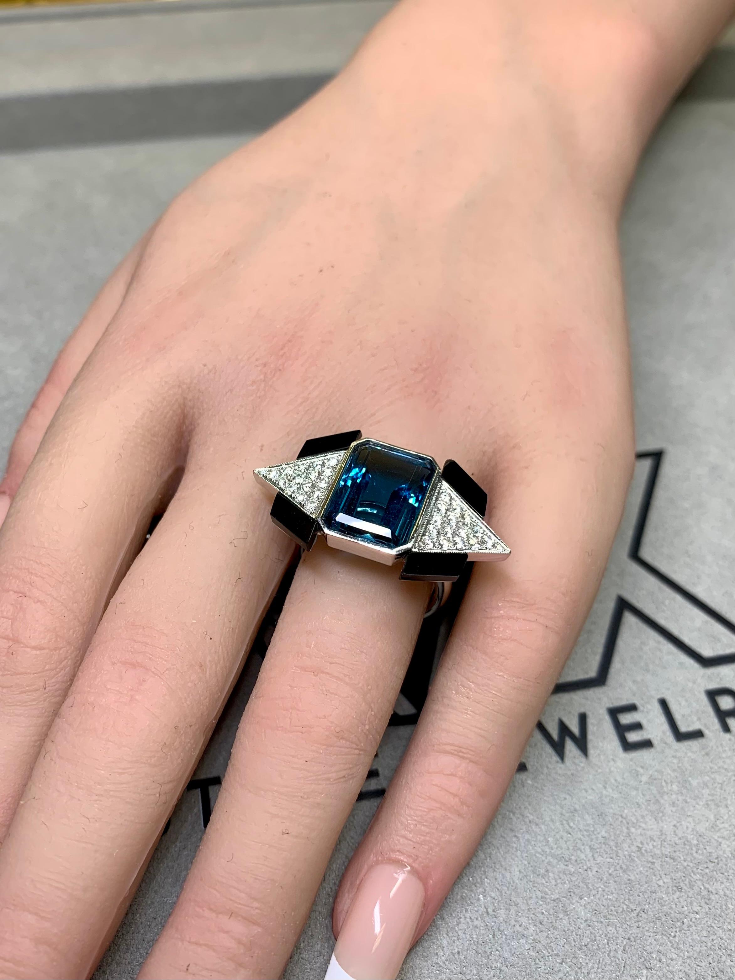 Estate 18K London Topaz Pave Diamond Carved Onyx Deco Cocktail Ring 10.60ctw For Sale 6