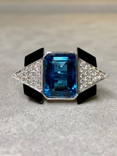 Estate 18K London Topaz Pave Diamond Carved Onyx Deco Cocktail Ring 10.60ctw