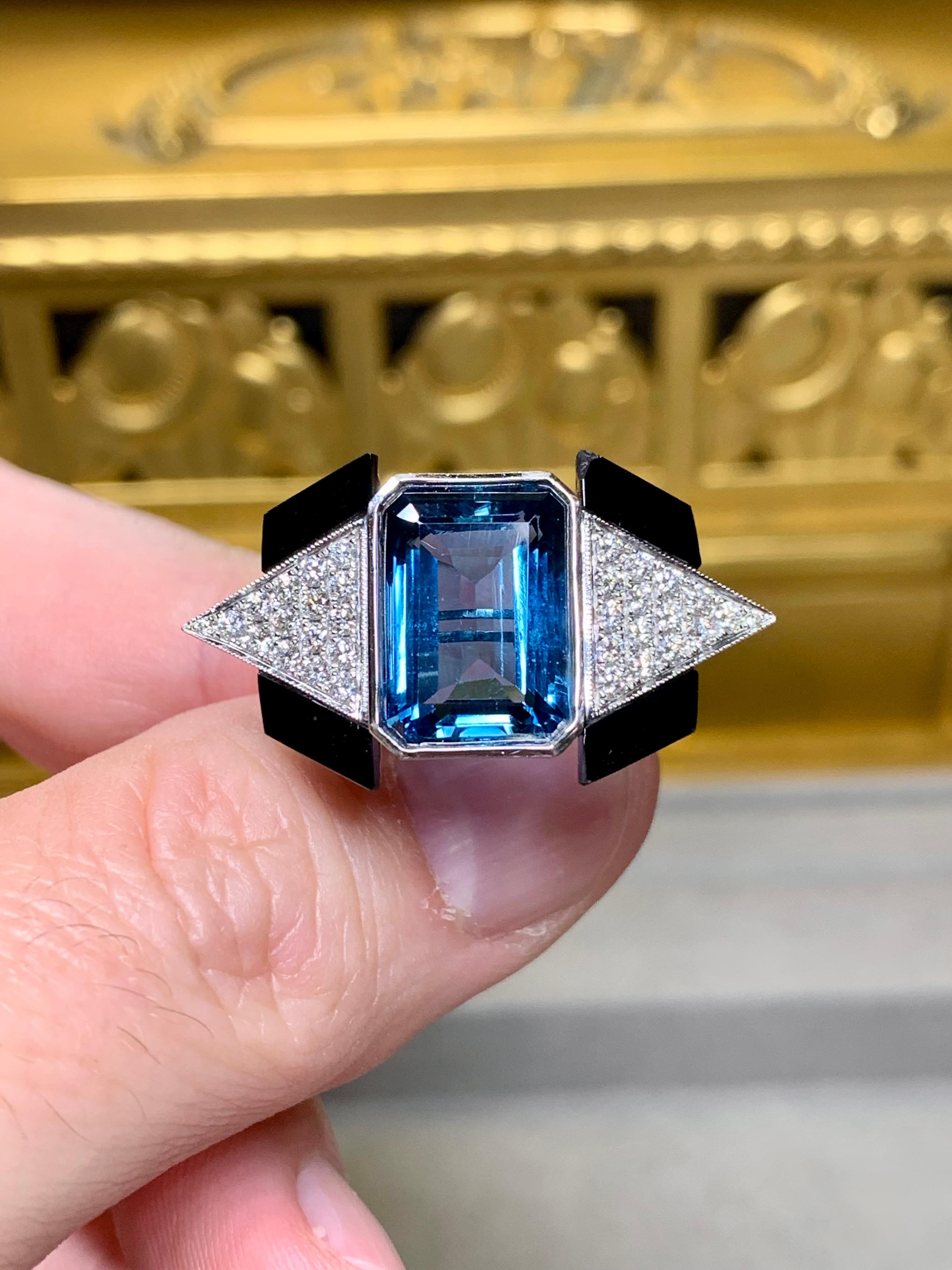 Estate 18K London Topaz Pave Diamond Carved Onyx Deco Cocktail Ring 10.60ctw For Sale 2