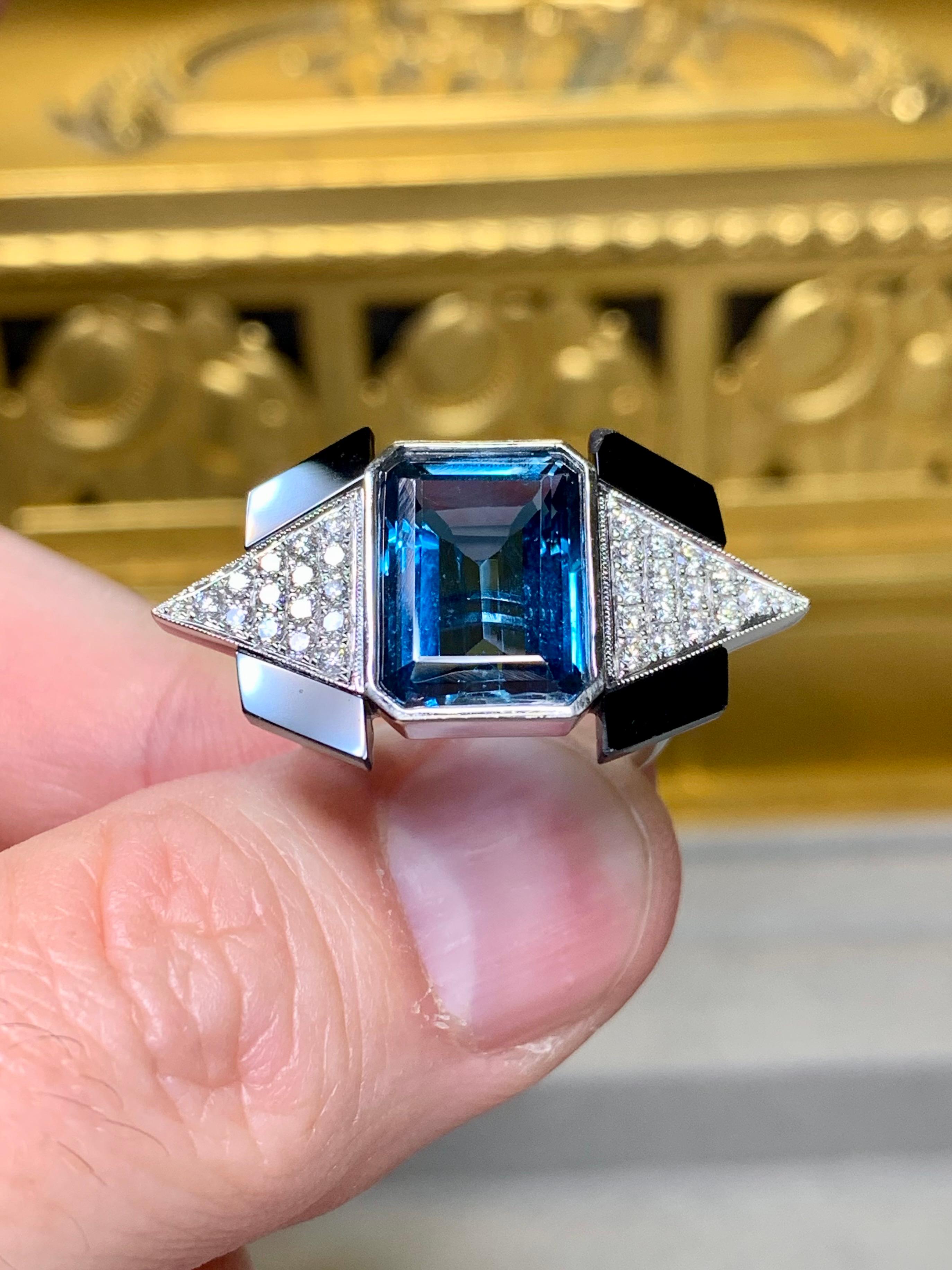 Estate 18K London Topaz Pave Diamond Carved Onyx Deco Cocktail Ring 10.60ctw For Sale 3