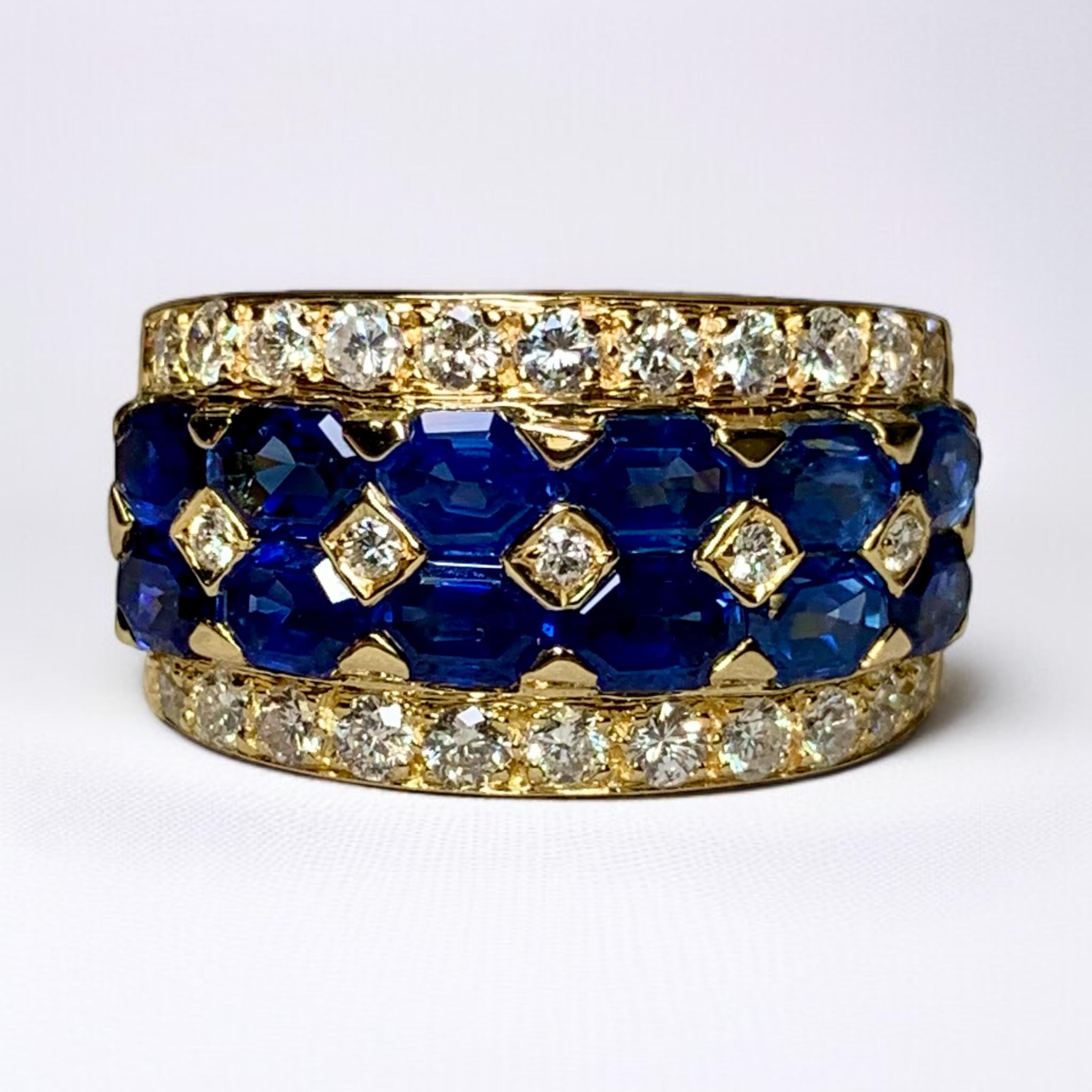 Contemporary Estate 18K Lozenge Sapphire Diamond Wide Band Ring 4.60ctw For Sale