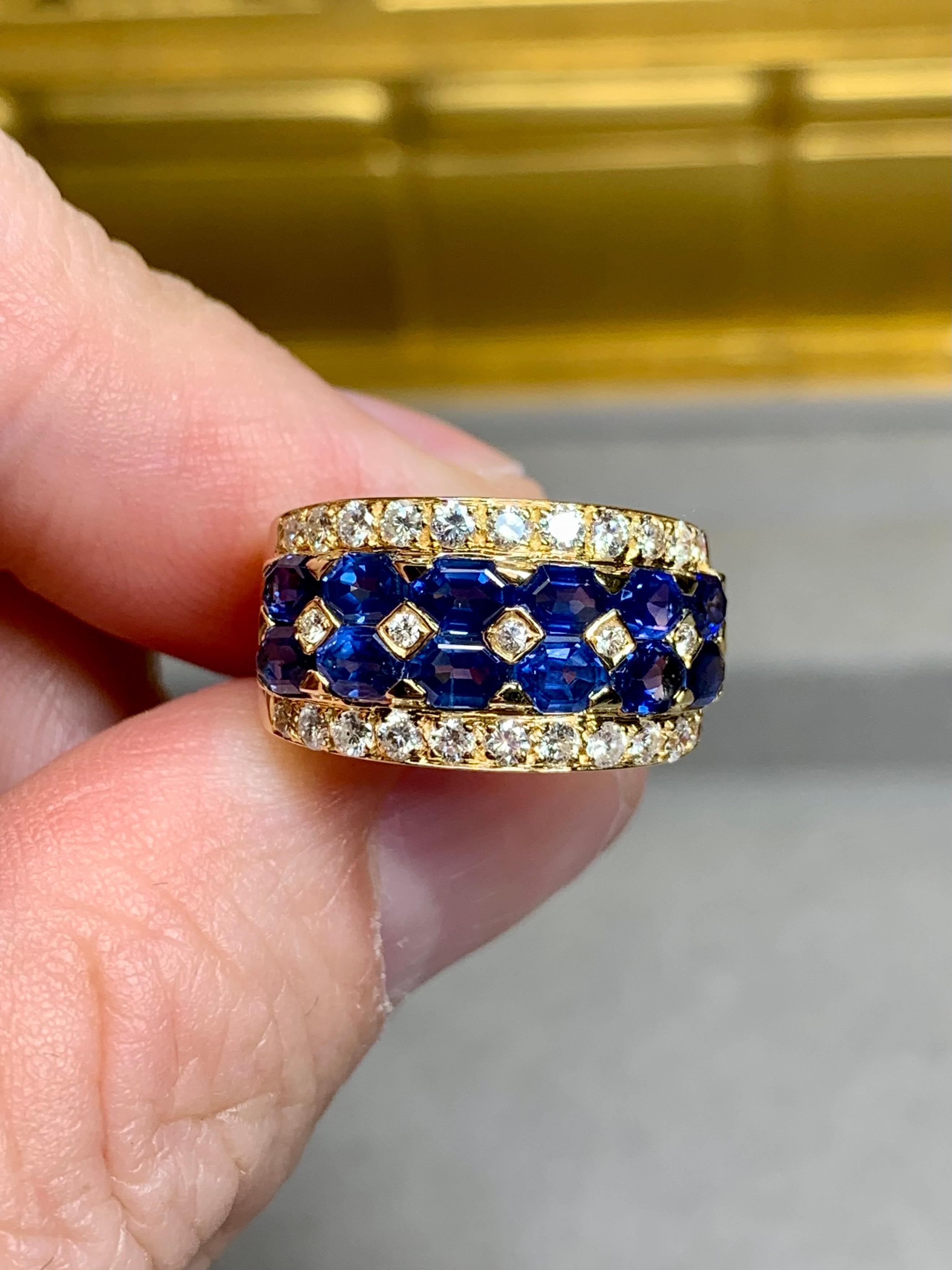 Emerald Cut Estate 18K Lozenge Sapphire Diamond Wide Band Ring 4.60ctw For Sale