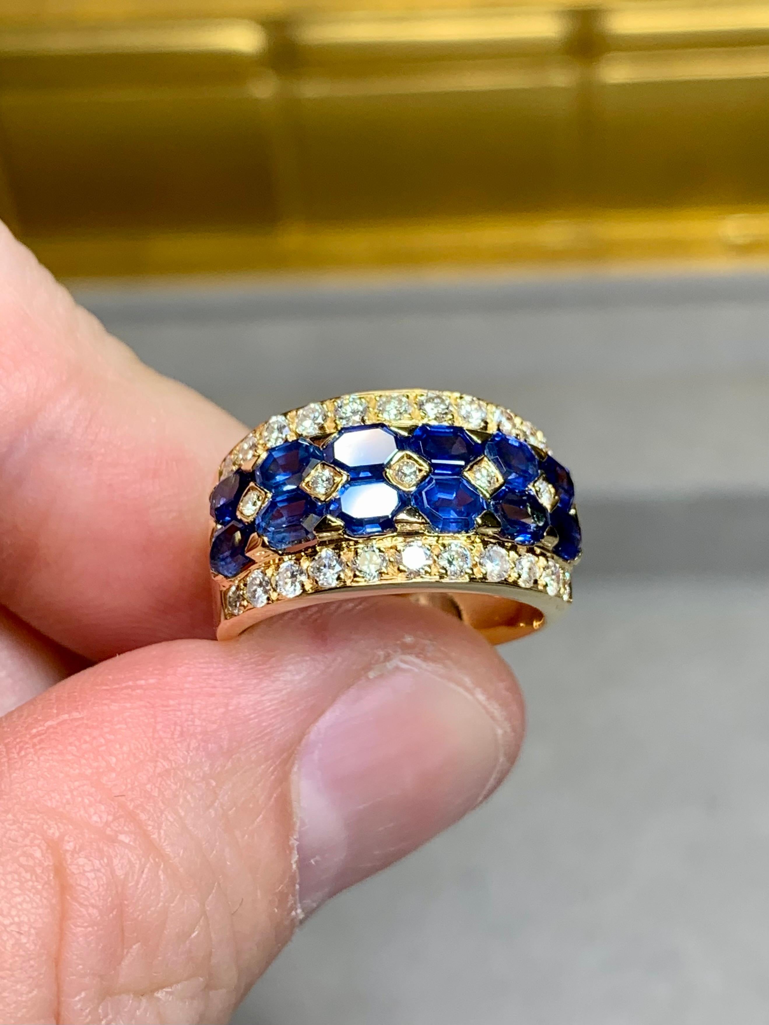 Estate 18K Lozenge Sapphire Diamond Wide Band Ring 4.60ctw In Excellent Condition For Sale In Winter Springs, FL