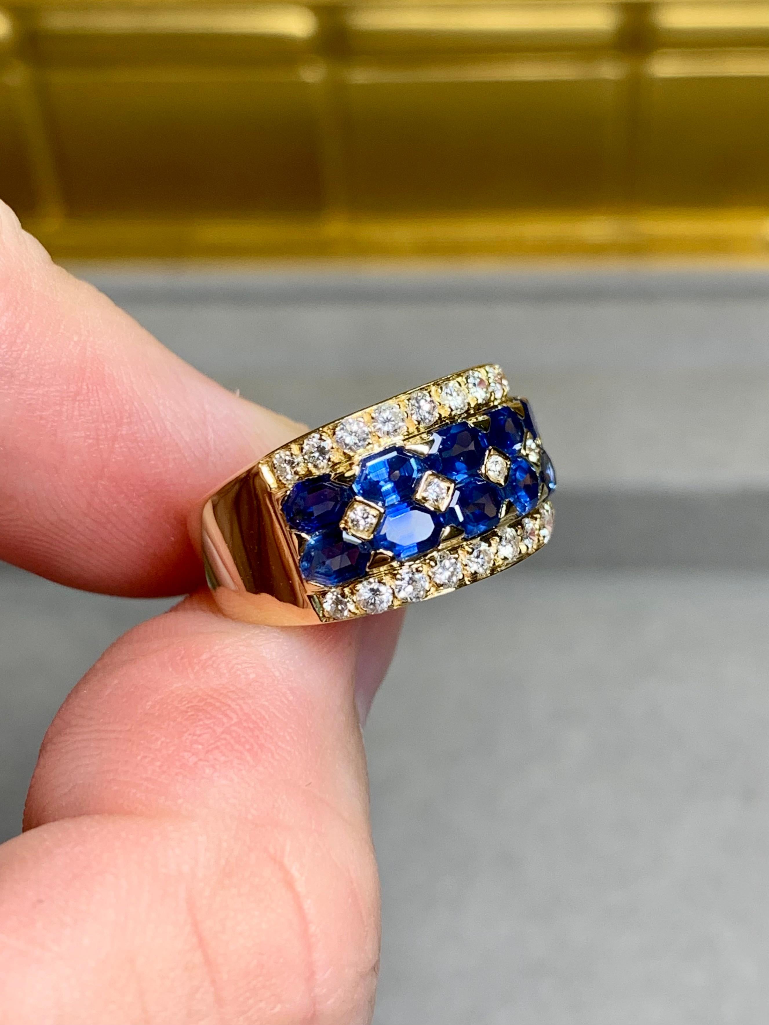 Women's or Men's Estate 18K Lozenge Sapphire Diamond Wide Band Ring 4.60ctw For Sale