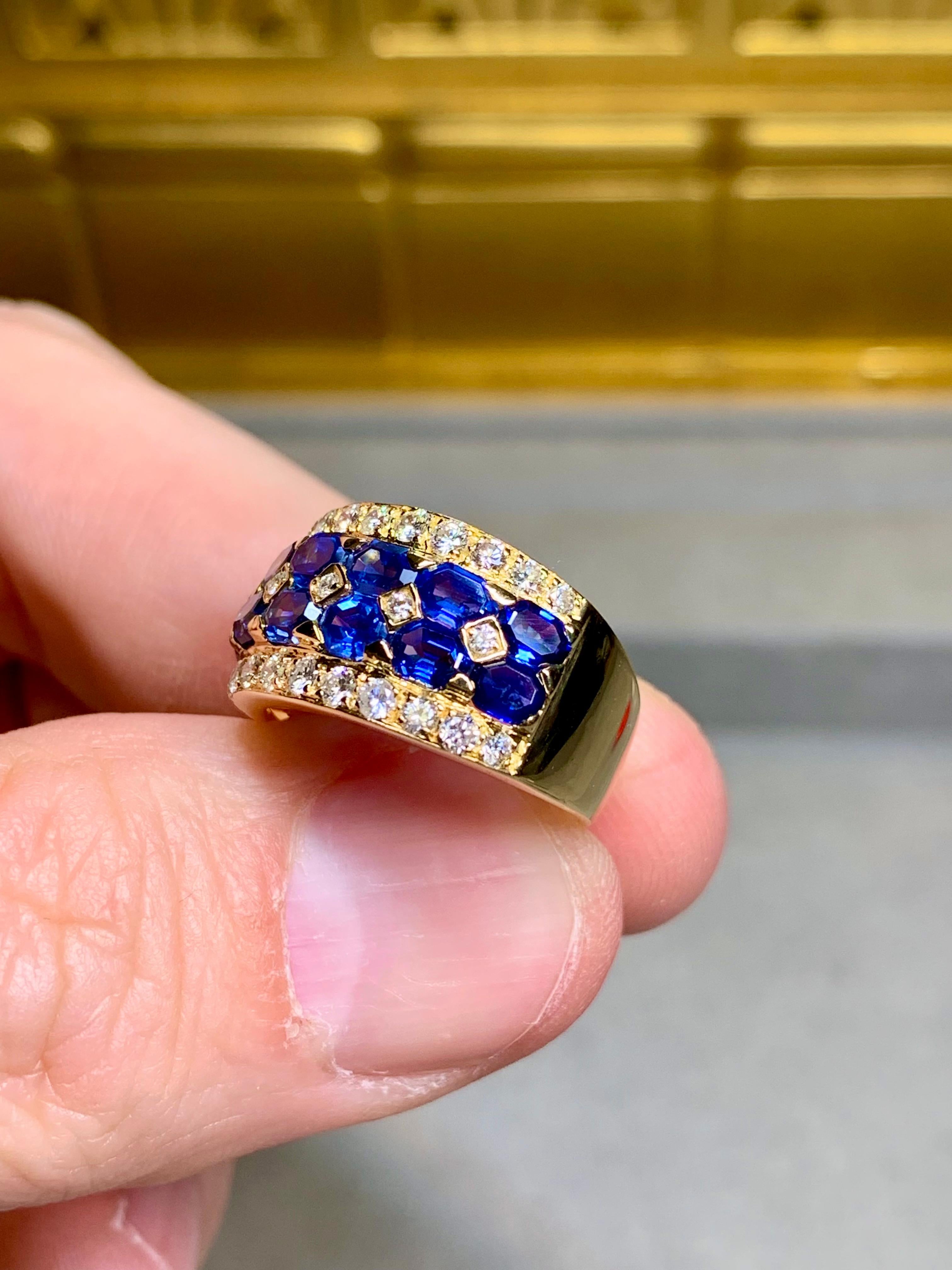 Estate 18K Lozenge Sapphire Diamond Wide Band Ring 4.60ctw For Sale 1