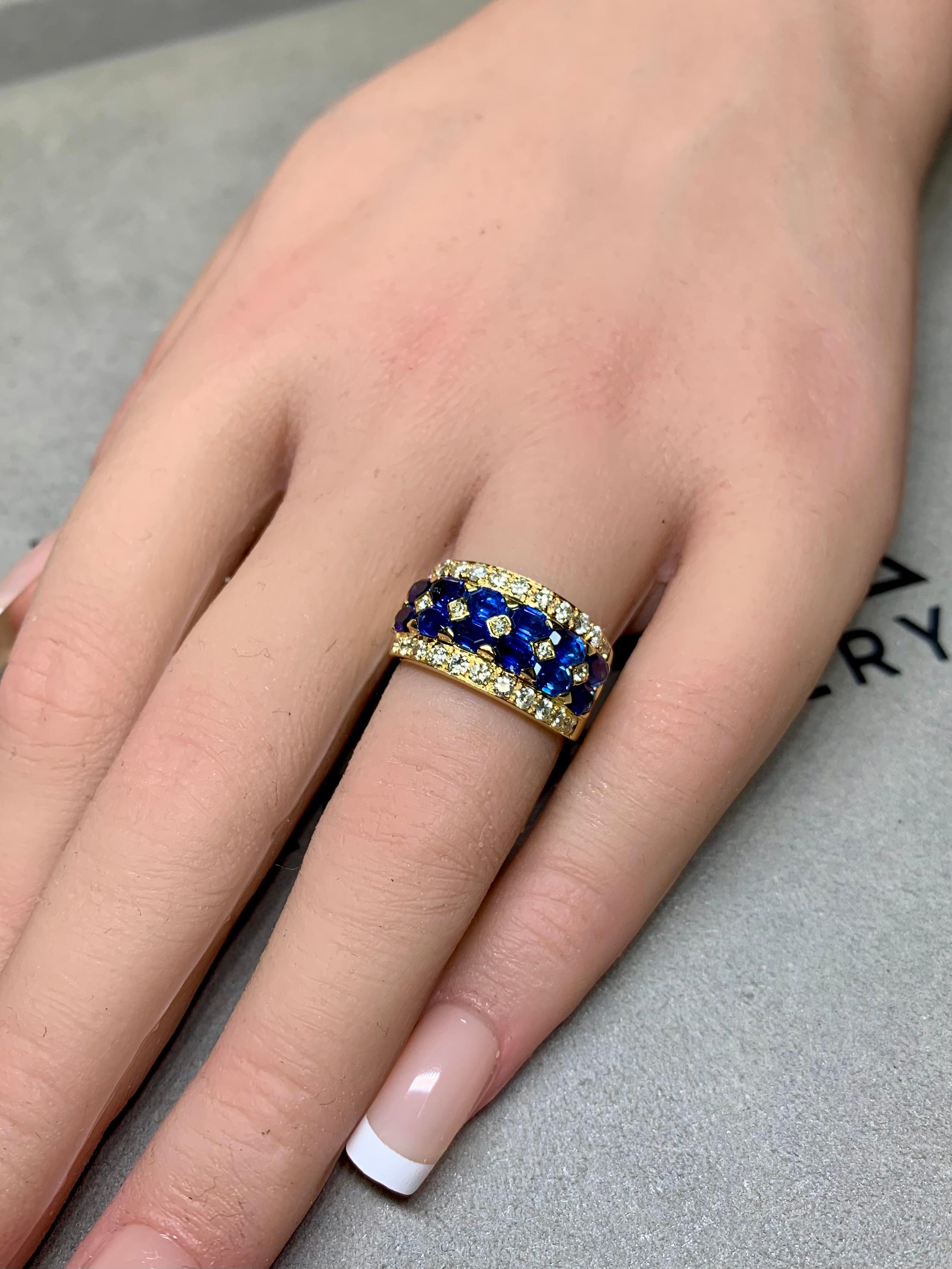 Estate 18K Lozenge Sapphire Diamond Wide Band Ring 4.60ctw For Sale 3