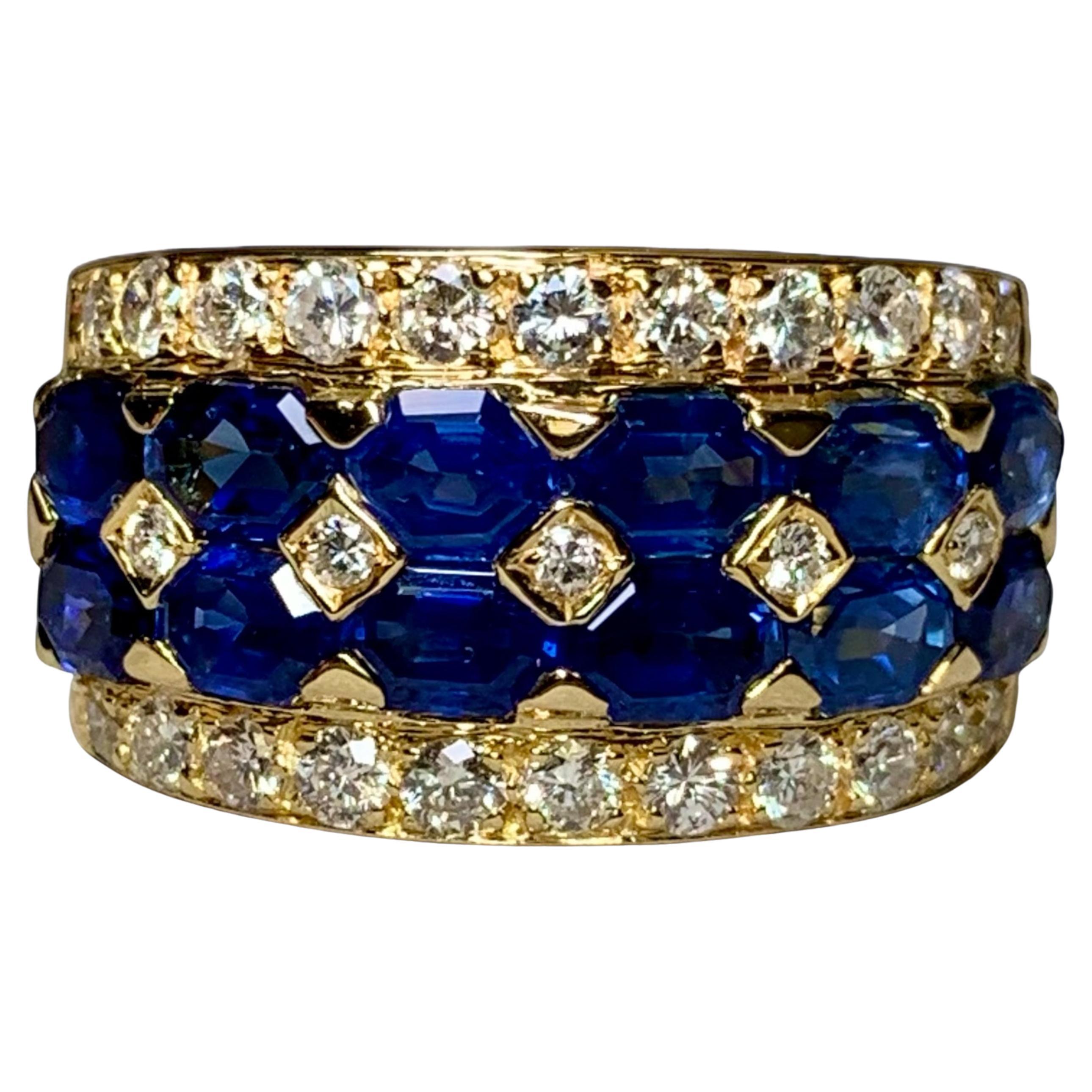 Estate 18K Lozenge Sapphire Diamond Wide Band Ring 4.60ctw