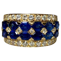 Estate 18K Lozenge Sapphire Diamond Wide Band Ring 4.60ctw