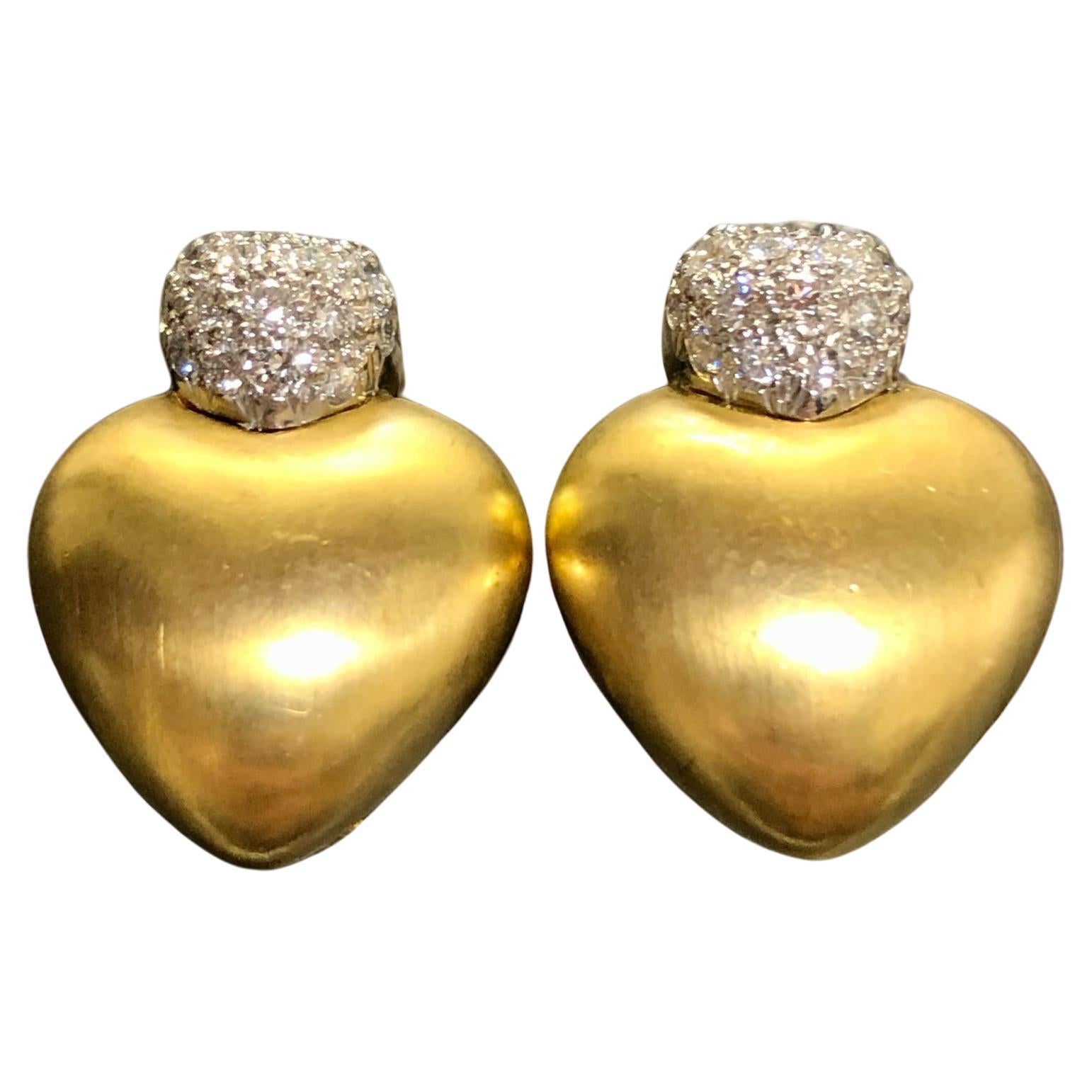 Estate 18K MARLENE STOWE 18K Diamond Clip On Heart Huggy Earrings G Vs For Sale