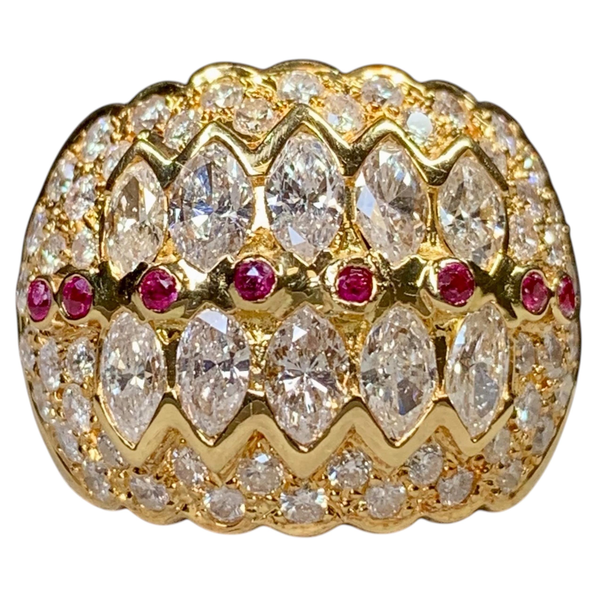 Estate 18K Marquise Pavé Round Diamond & Ruby Wide Dome Cocktail Ring