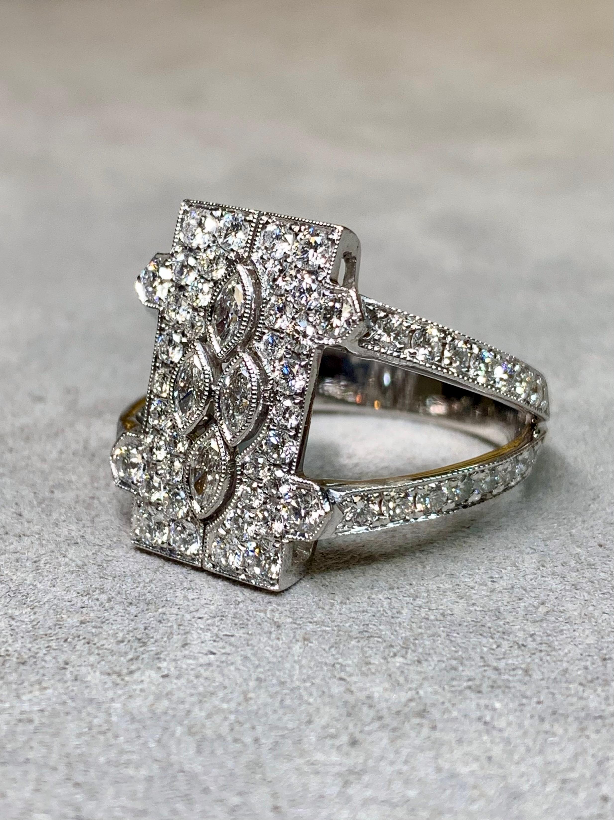 Art Deco Estate 18K Marquise Round Diamond Filigree Openwork Cocktail Ring 3.16ctw Sz 9.5