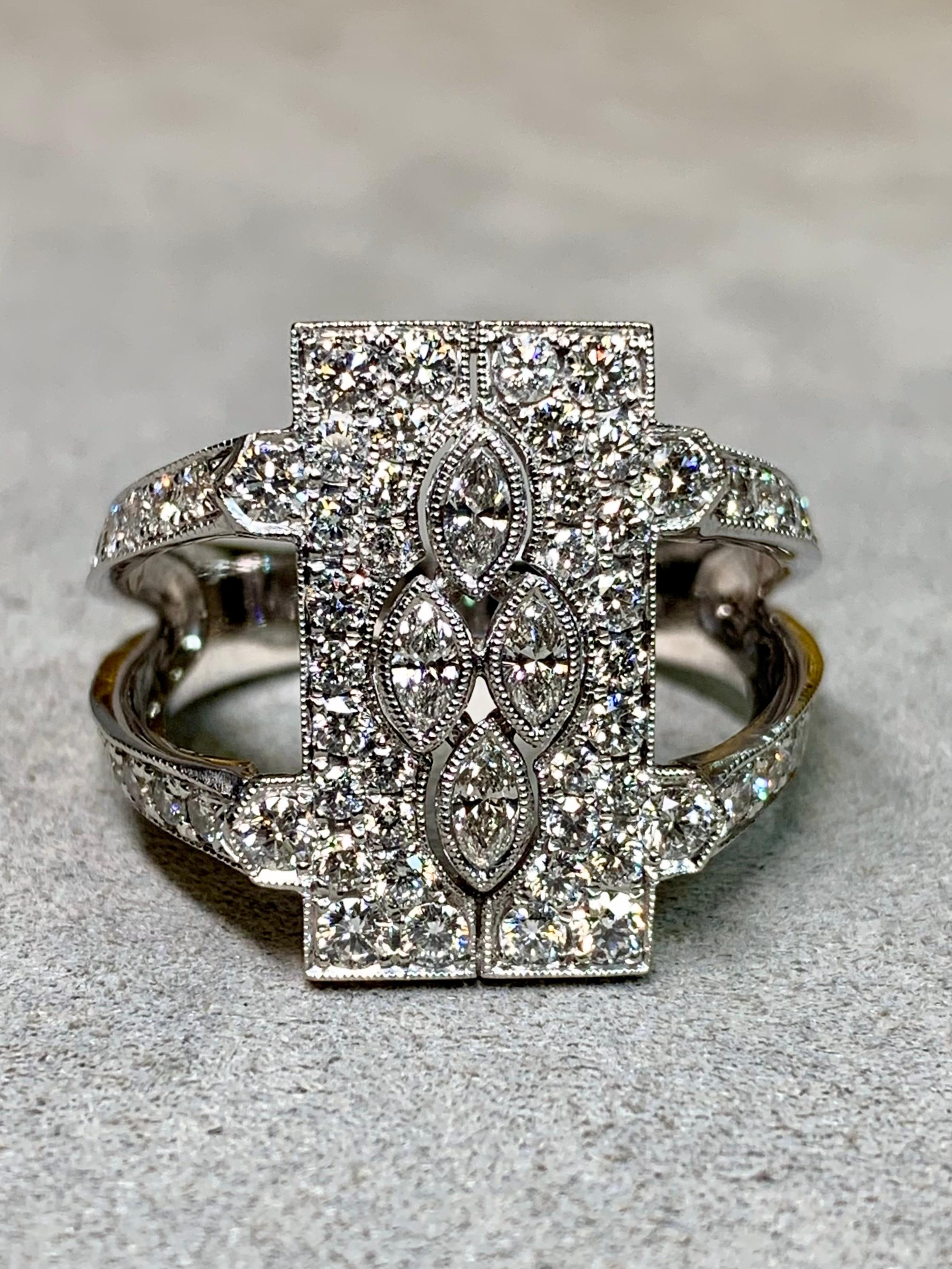 Marquise Cut Estate 18K Marquise Round Diamond Filigree Openwork Cocktail Ring 3.16ctw Sz 9.5