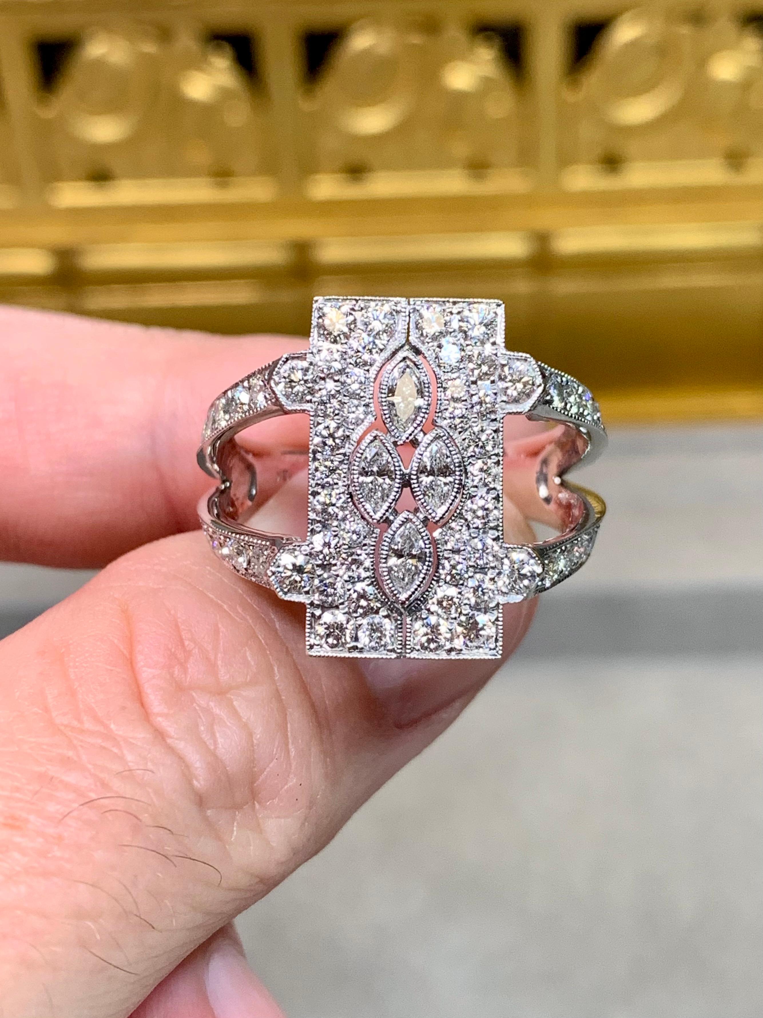 Estate 18K Marquise Round Diamond Filigree Openwork Cocktail Ring 3.16ctw Sz 9.5 In Excellent Condition In Winter Springs, FL