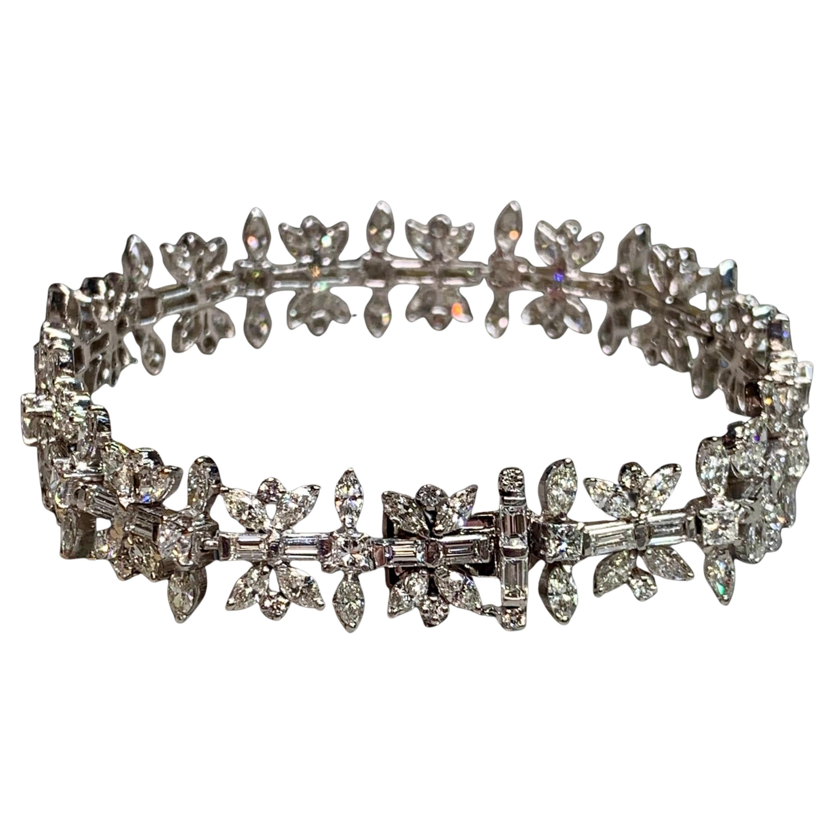 Estate 18K Marquise Baguette Princess Diamond Floral Cocktail Bracelet 14.50ctw For Sale