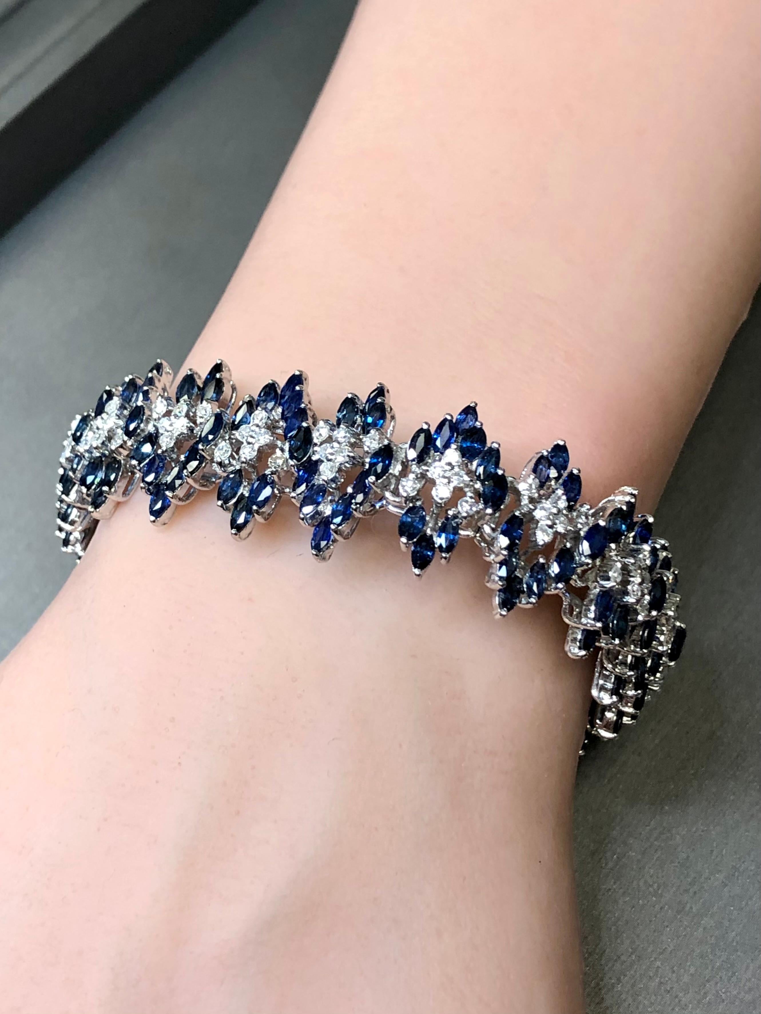 Estate 14KMarquise Sapphire Diamond Wide Chevron Bracelet 9.38cttw 7” For Sale 4