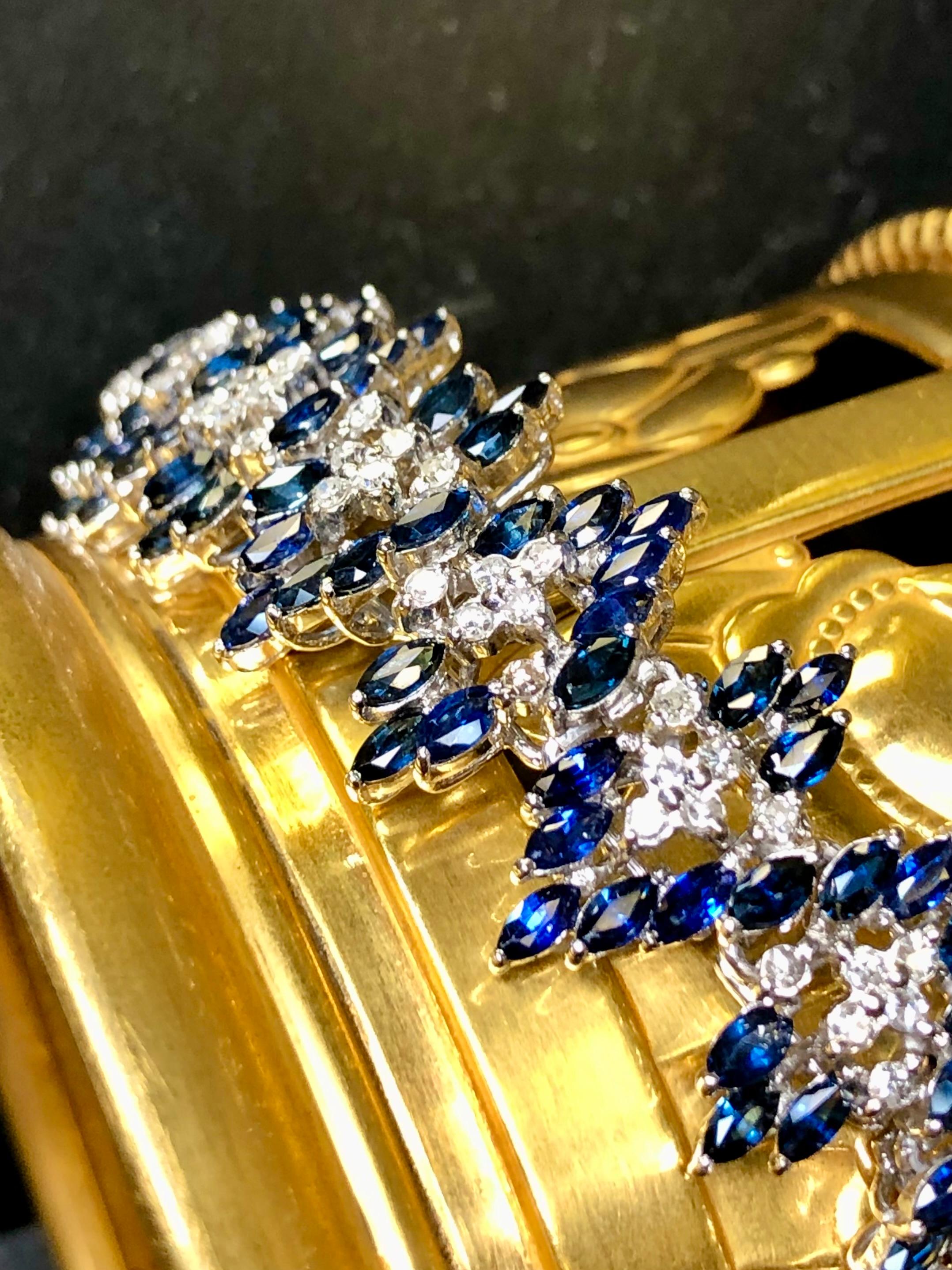 Contemporary Estate 14KMarquise Sapphire Diamond Wide Chevron Bracelet 9.38cttw 7” For Sale