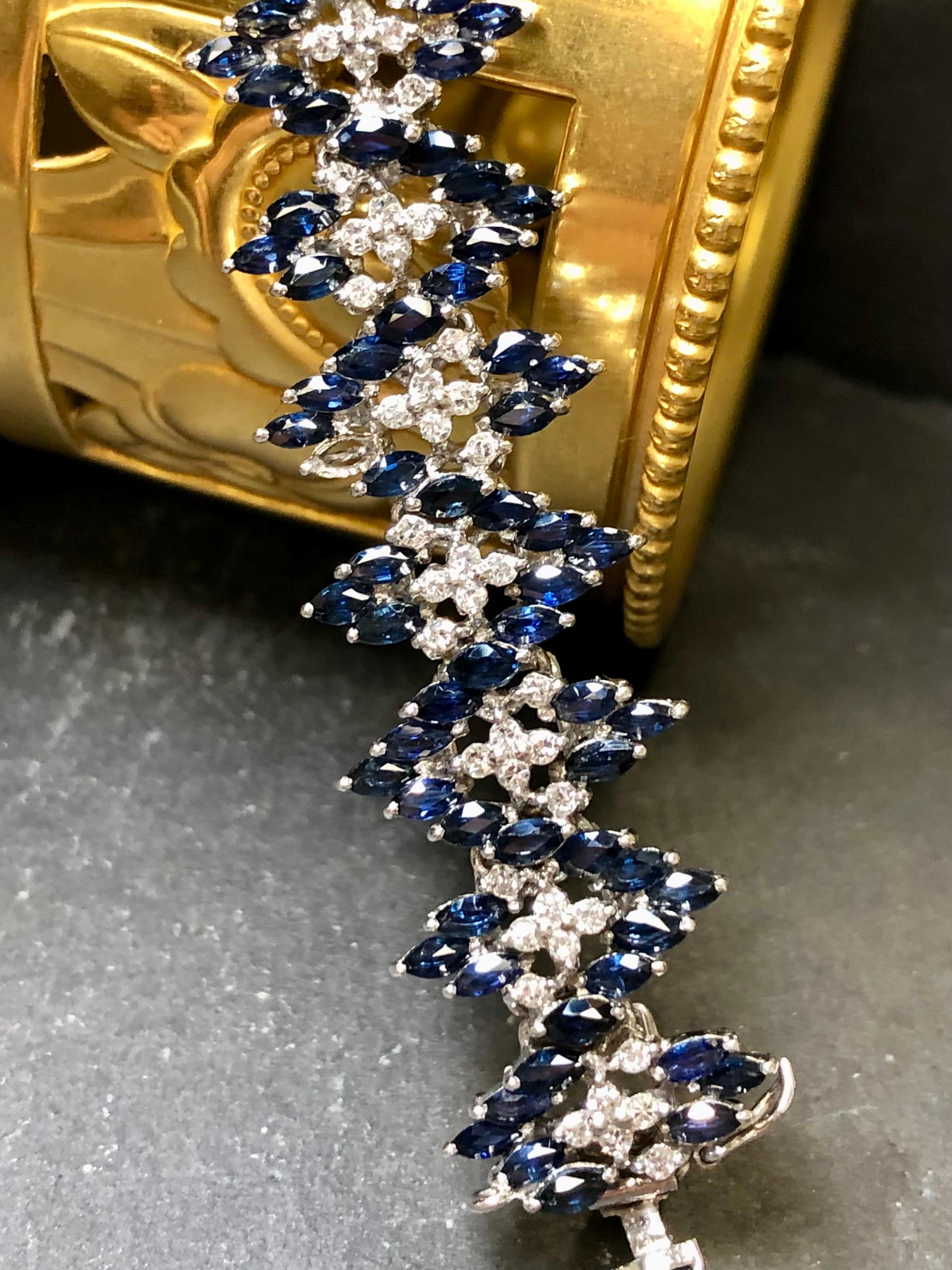 Women's or Men's Estate 14KMarquise Sapphire Diamond Wide Chevron Bracelet 9.38cttw 7” For Sale