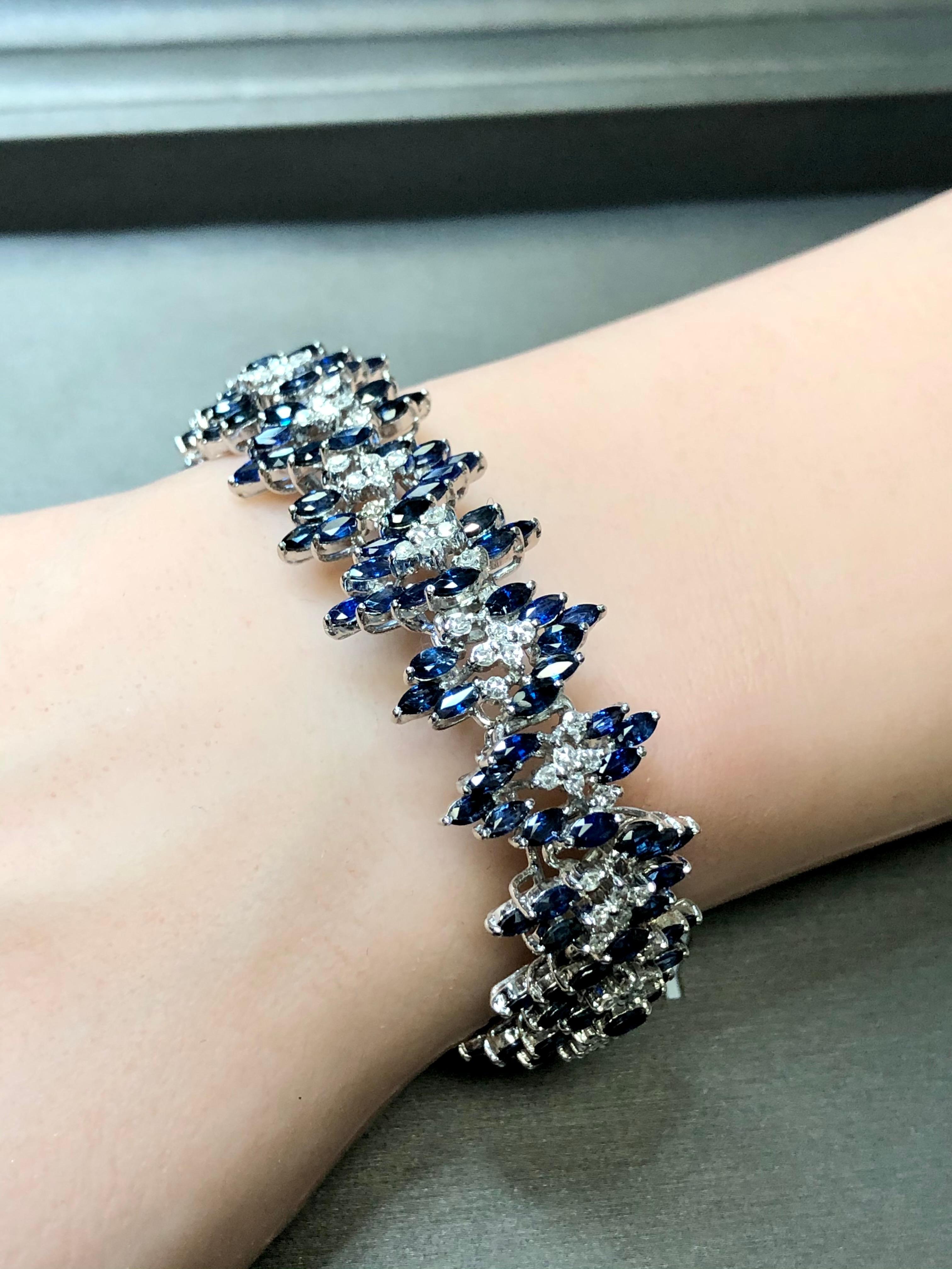 Estate 14KMarquise Sapphire Diamond Wide Chevron Bracelet 9.38cttw 7” For Sale 3