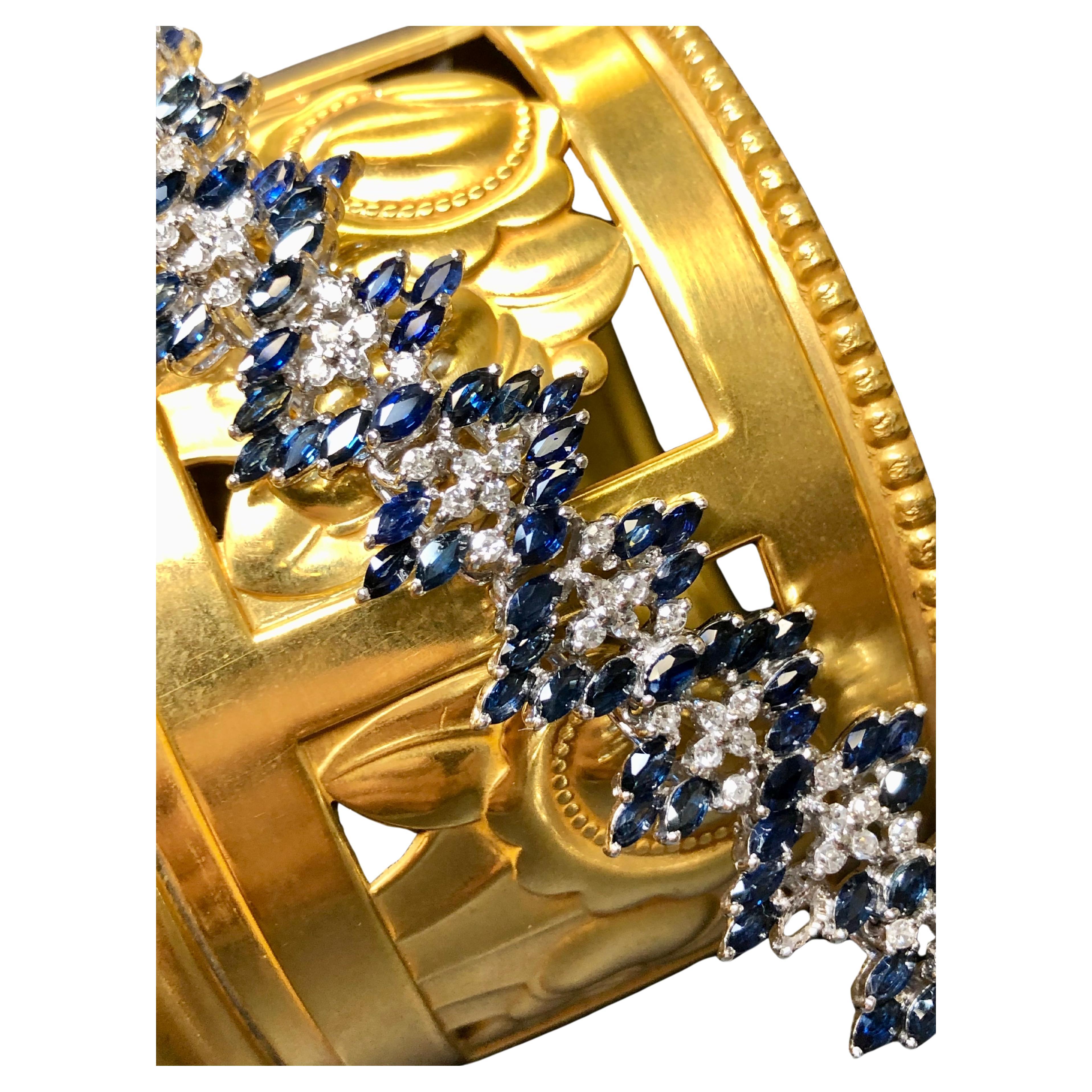 Estate 14KMarquise Sapphire Diamond Wide Chevron Bracelet 9.38cttw 7” For Sale
