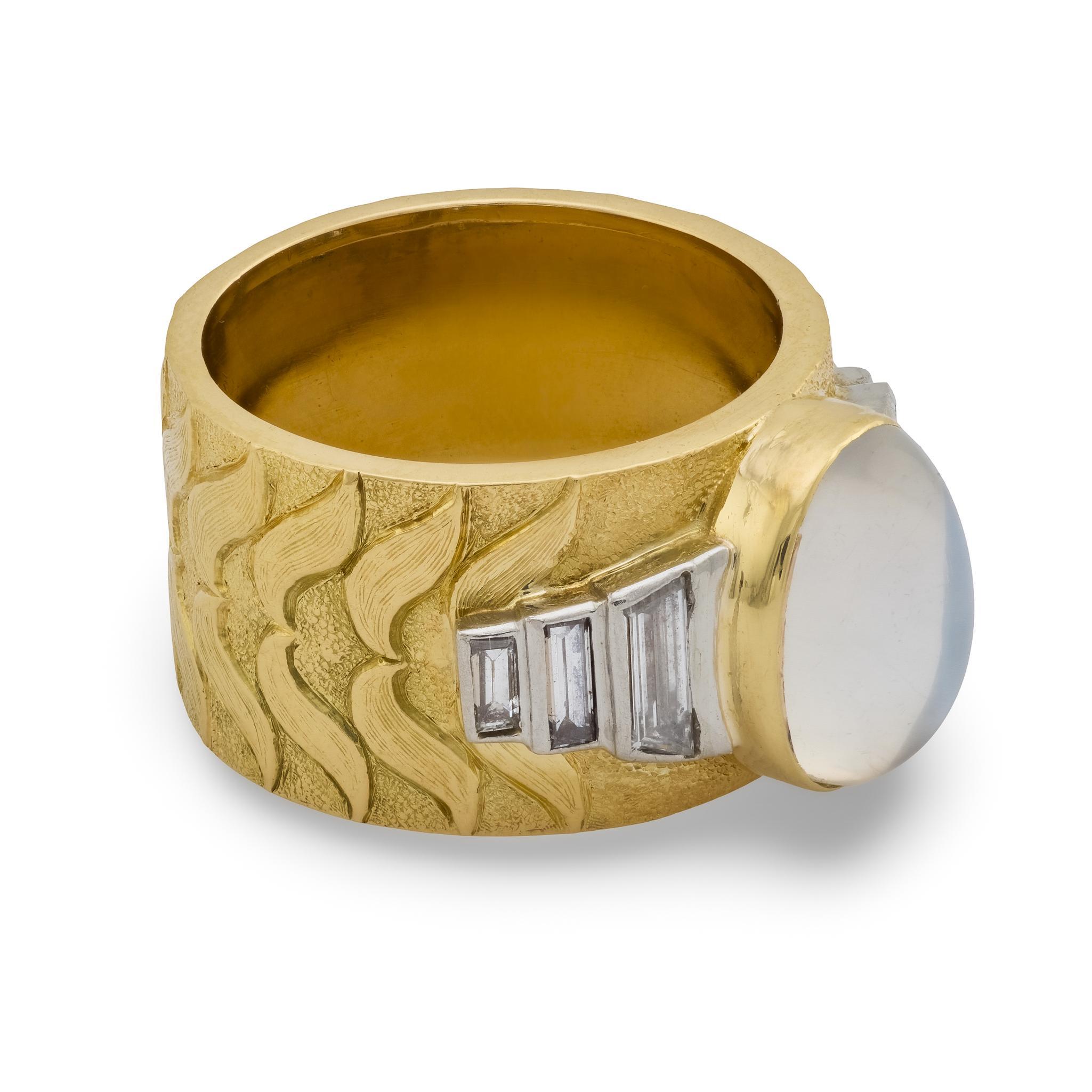 Modern Estate 18k Moonstone & Diamond Cigar Band For Sale