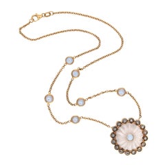 Estate 18k Moonstone, Rock Quartz Crystal, and White Sapphire Pendant Necklace