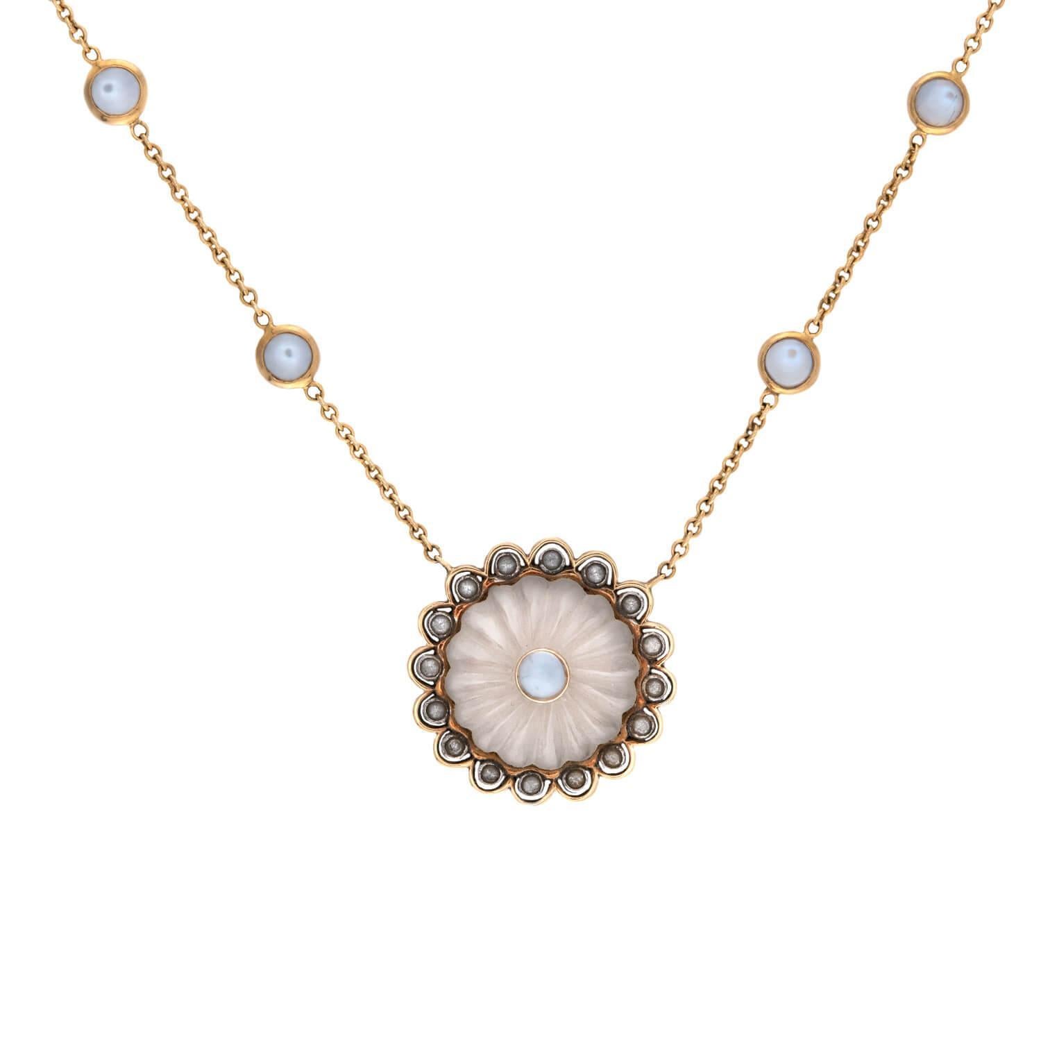 Collar Colgante Estate 18k Piedra Lunar, Cristal de Cuarzo Roca y Zafiro Blanco