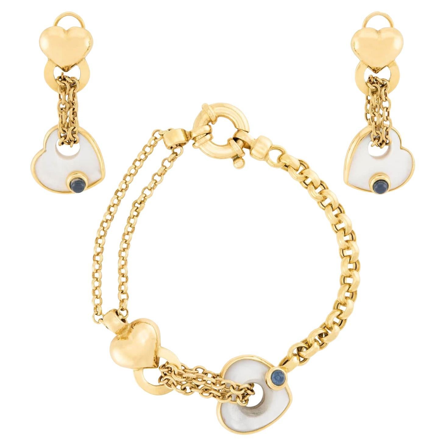 Estate 18k Mother of Pearl and Sapphire Earring and Bracelet Set For Sale